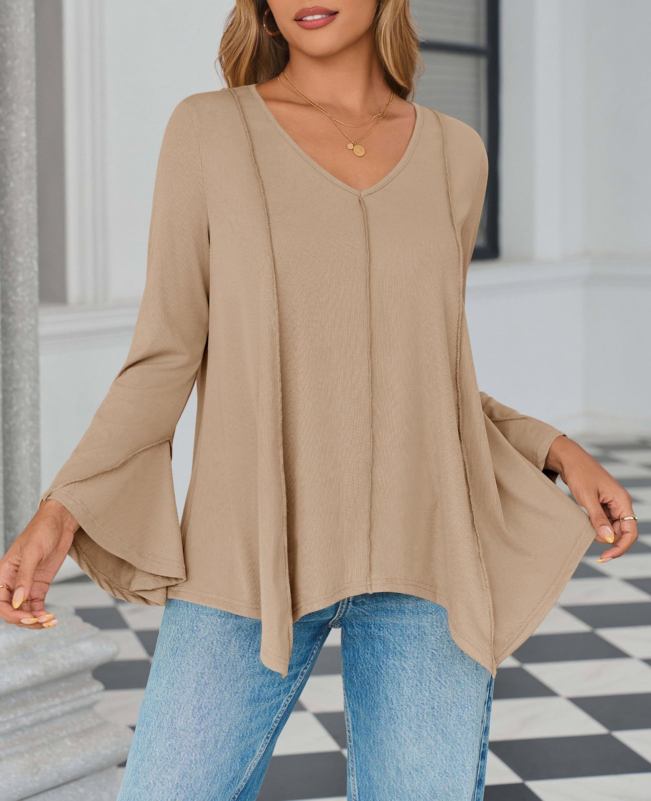 Tankaneo Womens Long Bell Sleeve Tops V Neck Asymmetrical Hem Ribbed Shirts Flowy Trendy Loose Fit Tees Tunic Shirts Khaki