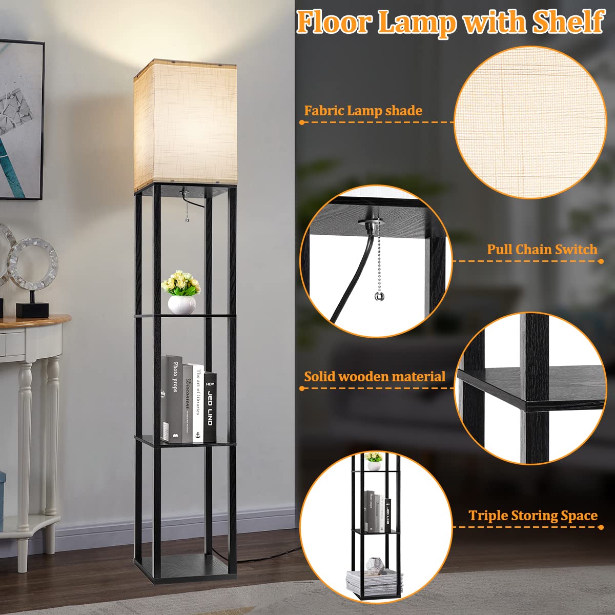 Dott Arts Floor Lamp with Shelves, Shelf Lamps with 3 Color Temperature LED Bulb,Storage Wood Texture Modern, Display Standing Lamp for Living Room,Office, Bedroom