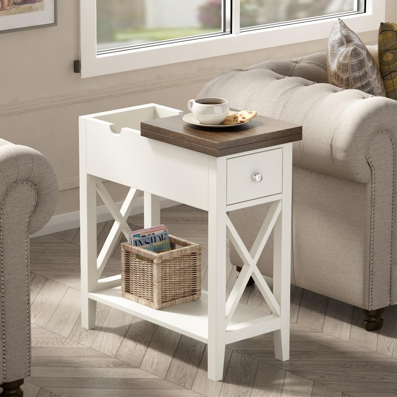 ChooChoo Farmhouse End Table with Drawer, Accent Small Side Table Nightstand for Living Room, Bedroom, and Small Spaces - Soft White