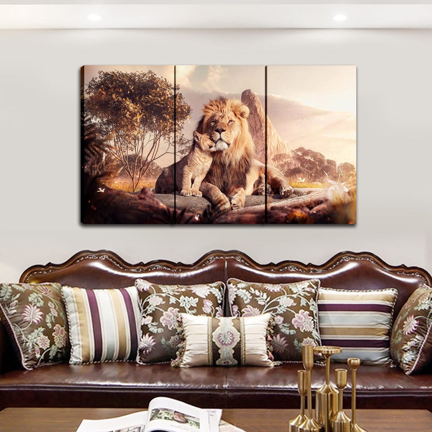 Animal Lion Large Size Framed Canvas Prints Wall Art for Living Room Bedroom Home Decor Modern Abstract Family Paternal Love Theme Posters Painting Pictures for Walls Ready to Hang Father's Gift