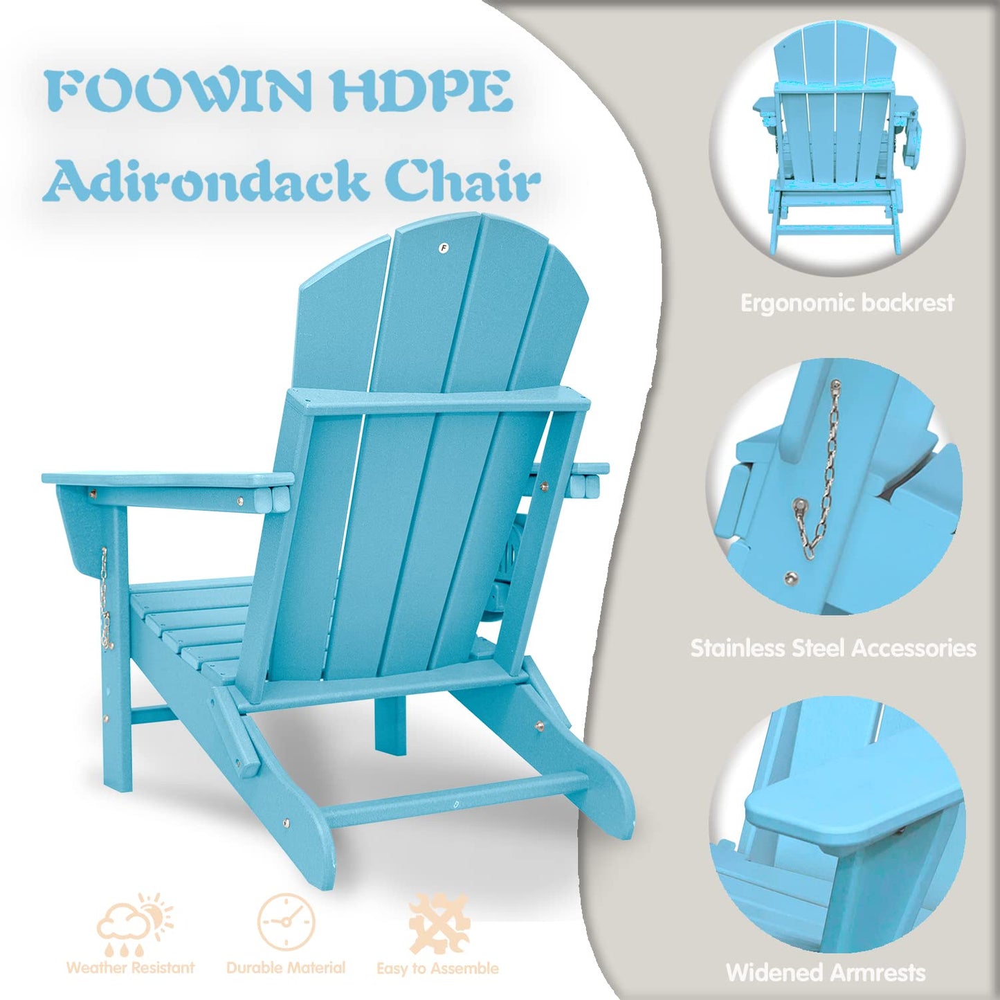 FOOWIN HDPE Folding Adirondack Chair Set of 4, All-Weather Resistant Adirondack Chair w/4 in 1 Cup Holder Trays, Adirondack Chairs for Outdoor, Patio, Lawn, Garden, Backyard Deck