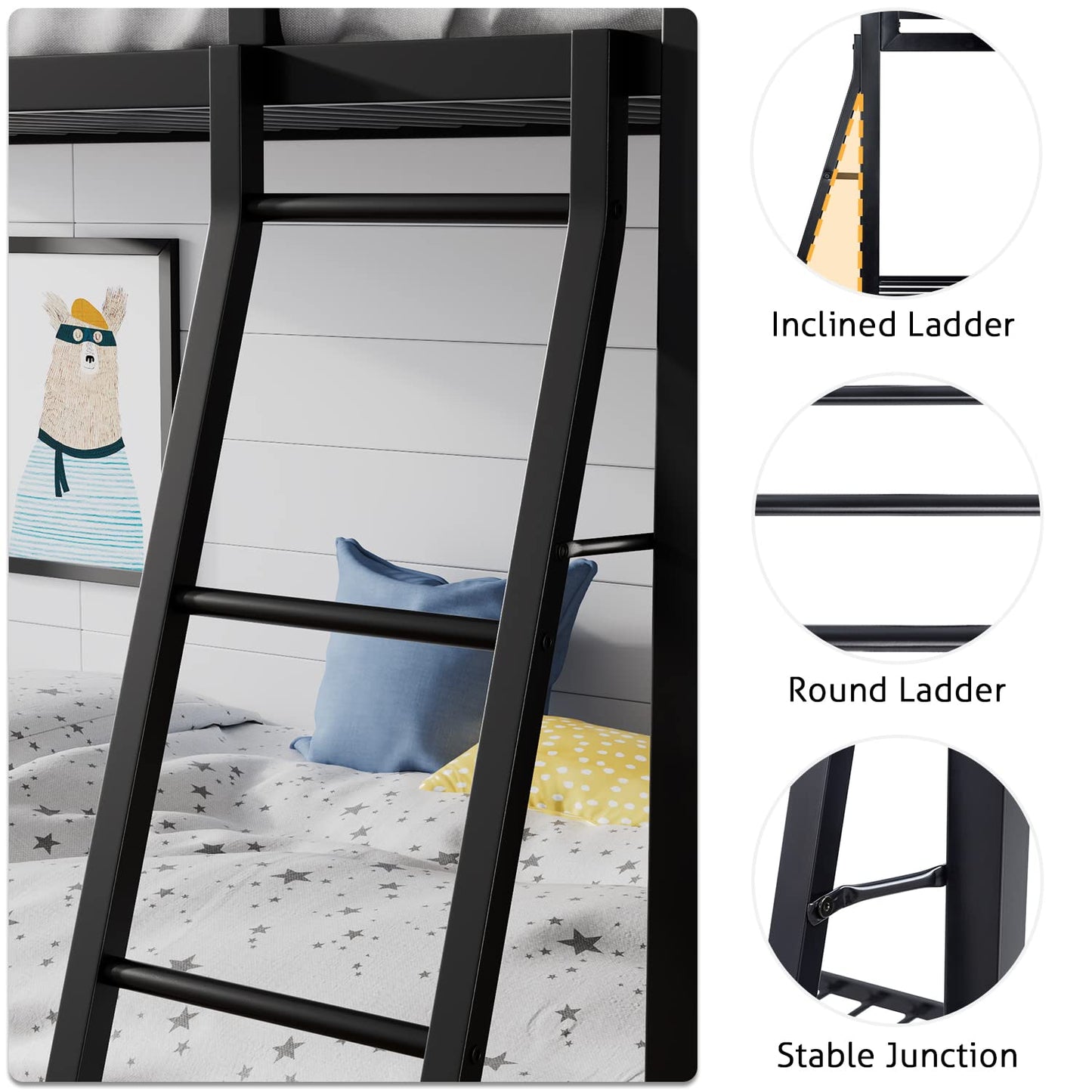 SHA CERLIN Loft Bunk Bed Twin Over Twin Size with Ladder and Guardrail,Heavy Duty Metal Slats Support No Box Spring Needed Small Space Saving Furniture for Bedroom Dorm,Black