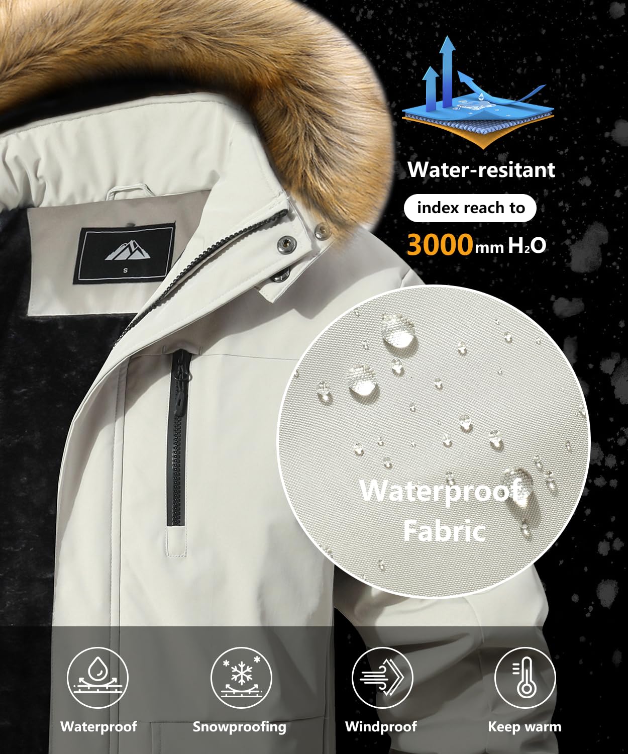 MAOYSSEN Men's Winter Coat Waterproof Warm Ski Snow Jacket Fur Hooded Parka Work Outerwear Raincoat