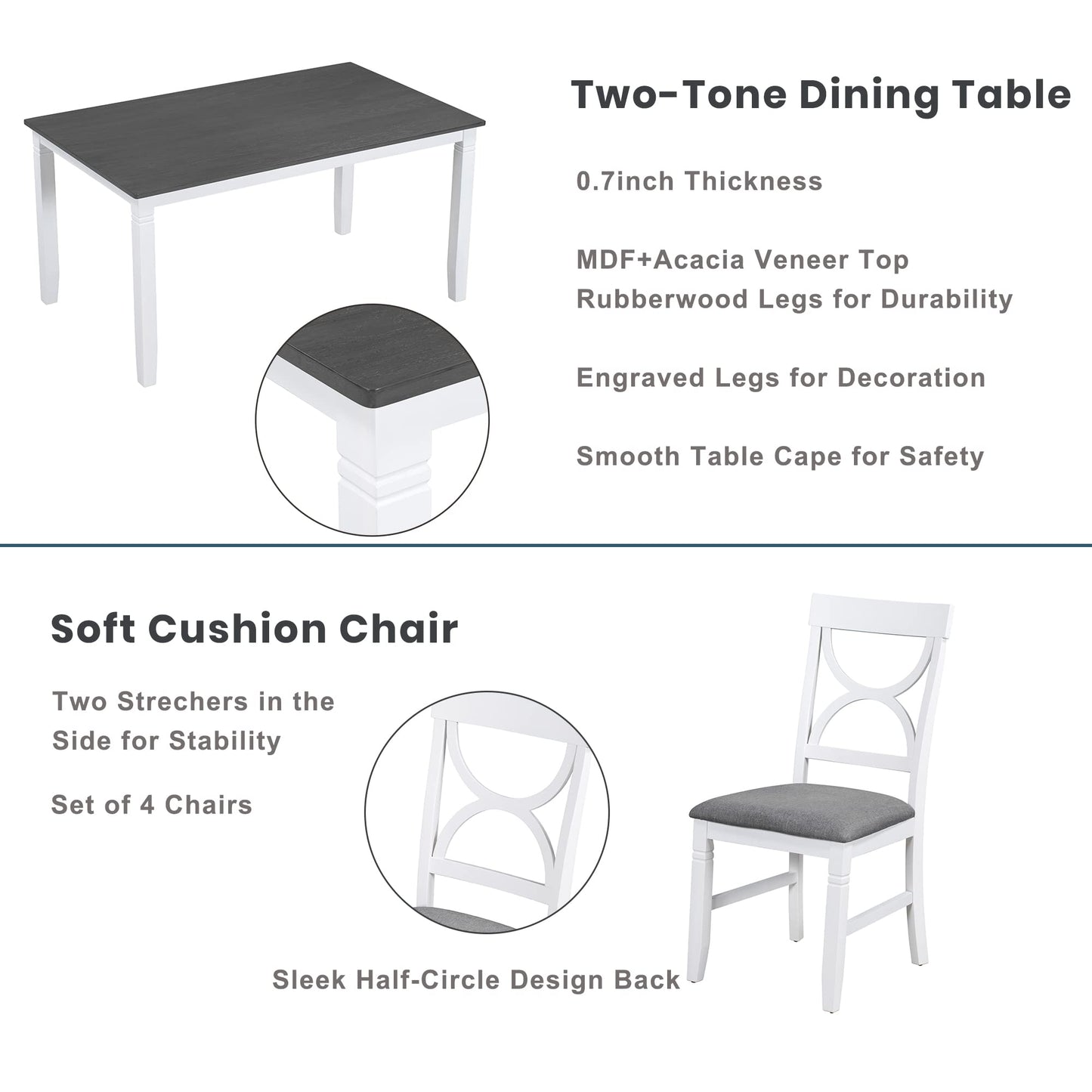 Lostcat Dining Table Set, 6-Piece Wood Kitchen Table Set with Upholstered Bench and 4 Dining Chairs, Farmhouse Style Dining Room Table Set for Kitchen, Living Room, White+Grey