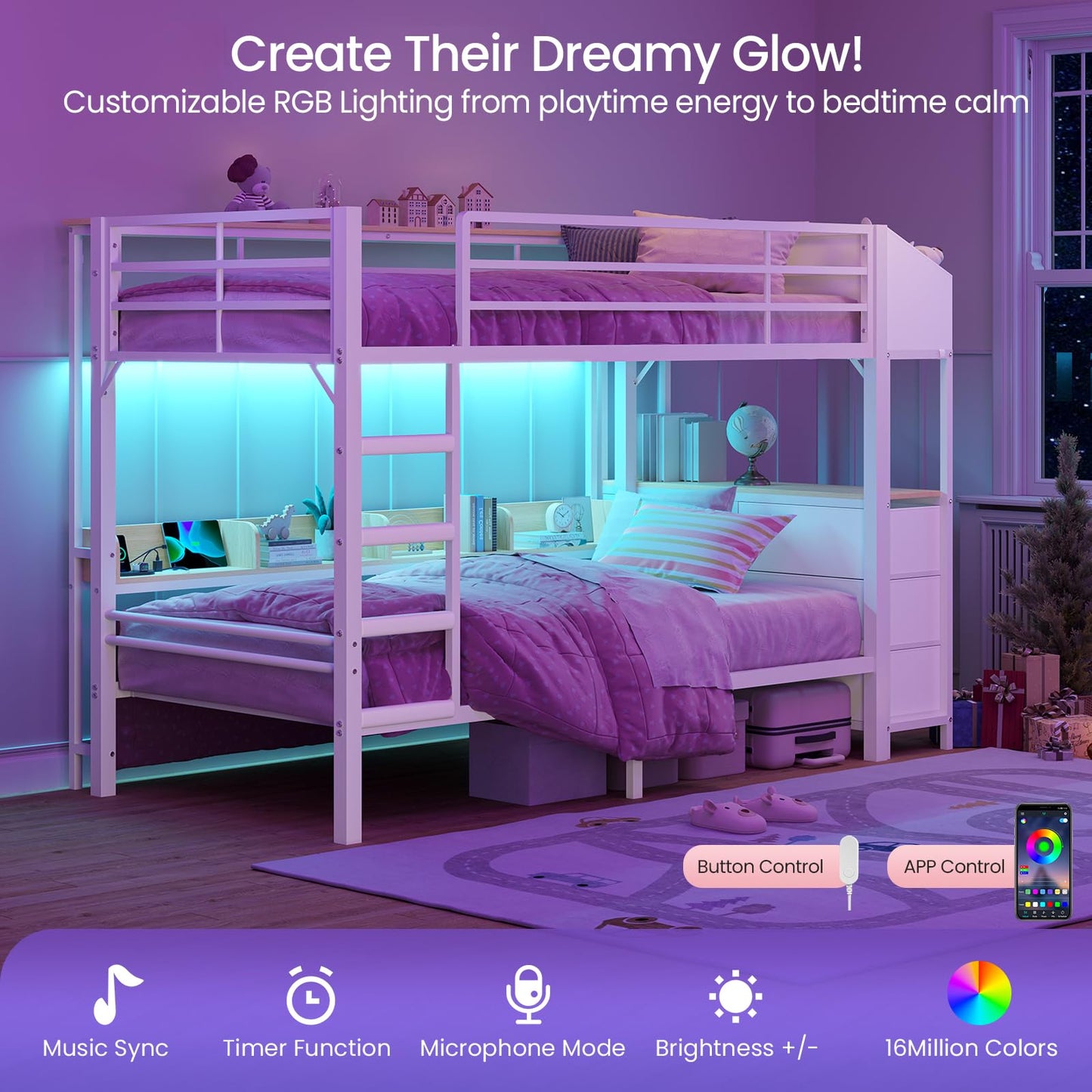 Twin Over Twin Bunk Bed with 6 Storage Drawers & 3 Boxes, Dual Side Shelves, Twin Bunk Beds for Kids with LED Lights and Charging Station, Heavy Duty Metal Bunk Bed with Safety Guardrail and Ladder