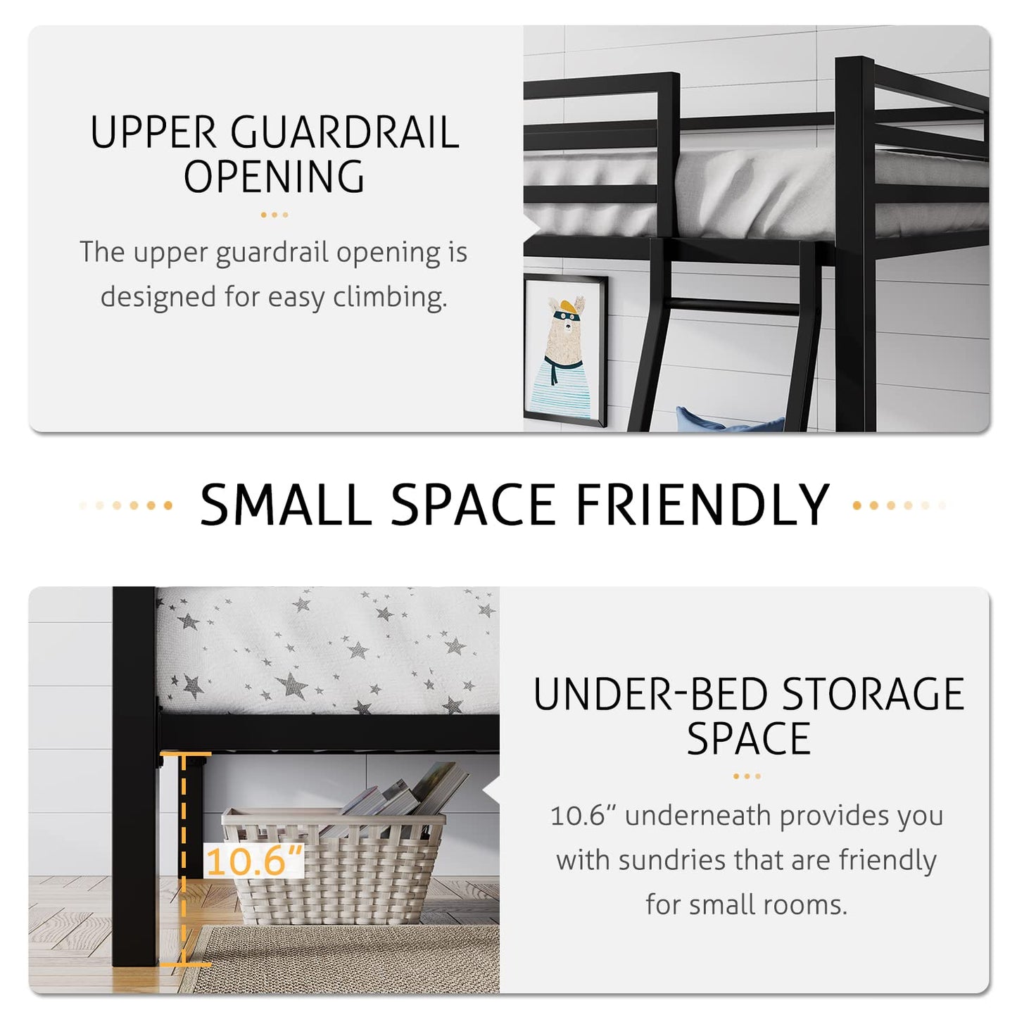 SHA CERLIN Loft Bunk Bed Twin Over Twin Size with Ladder and Guardrail,Heavy Duty Metal Slats Support No Box Spring Needed Small Space Saving Furniture for Bedroom Dorm,Black