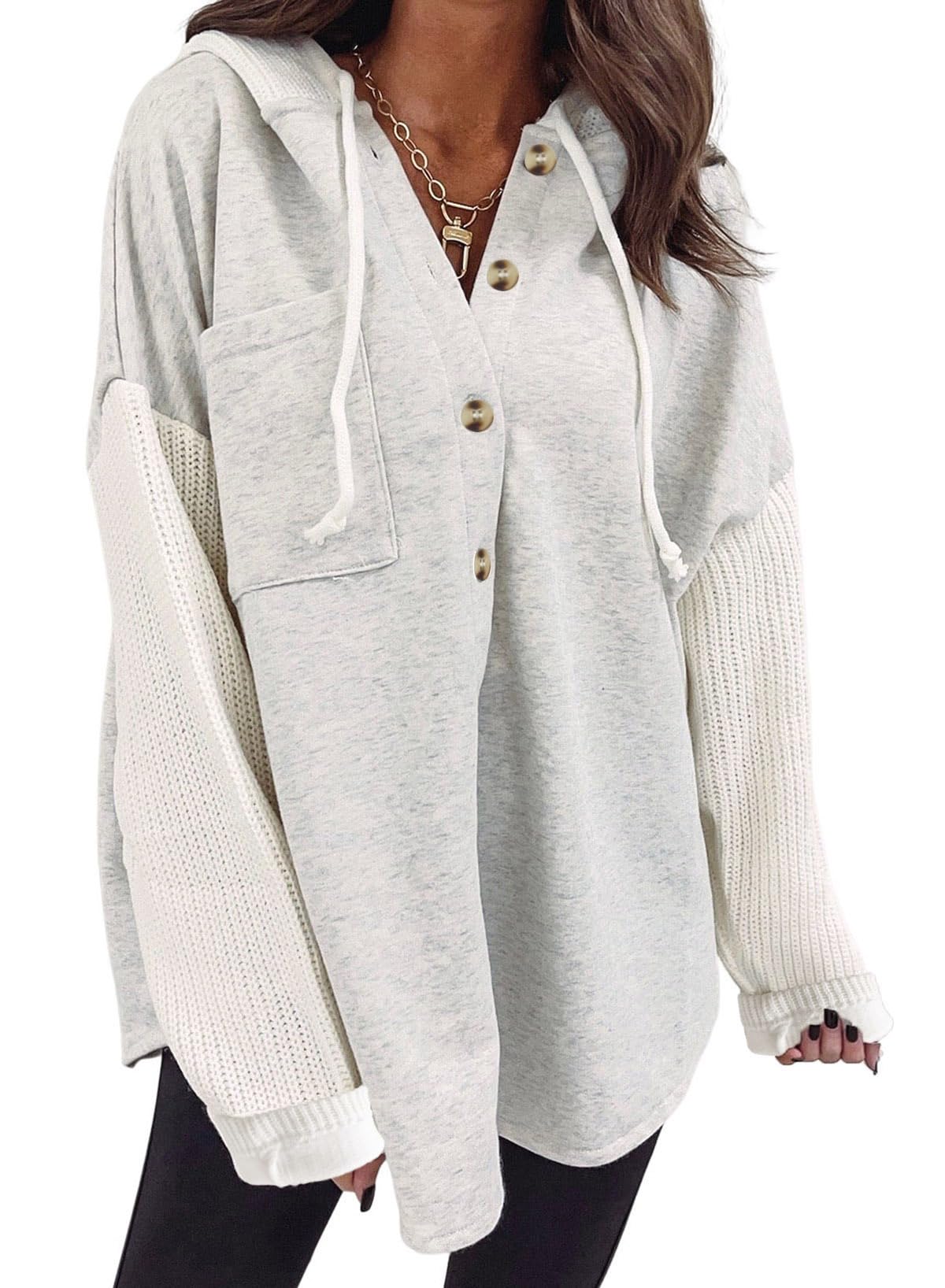 SHEWIN Womens Oversized Sweatshirt Hoodies Casual Long Sleeve Solid Button Down Hooded Jackets for Women Casual Fall Outfits with Pockets,US 12-14(L),Gray