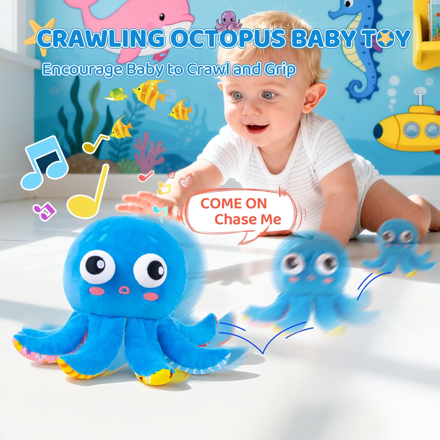 Baby Toys 6-12 Months, Musical Crawling Bouncing Octopus Plush Toys 12-18 Months, 50 Songs & Recording Feature, Interactive Toddler Toys Age 1-2 Tummy Time Toys for 1 Year Old Infant