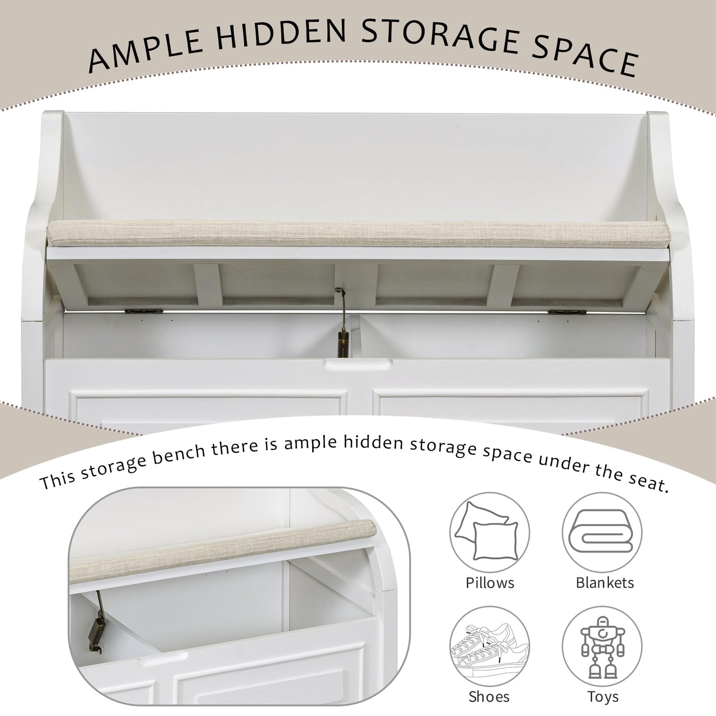 Aisurun 42" Rustic Storage Bench Entryway Bench Shoe Cabinet Ottoman with Safety Hinge, Removable Seat Cushion & Hidden Storage Space for Hallway Entryway Living Room Mudroom End of Bed (White)