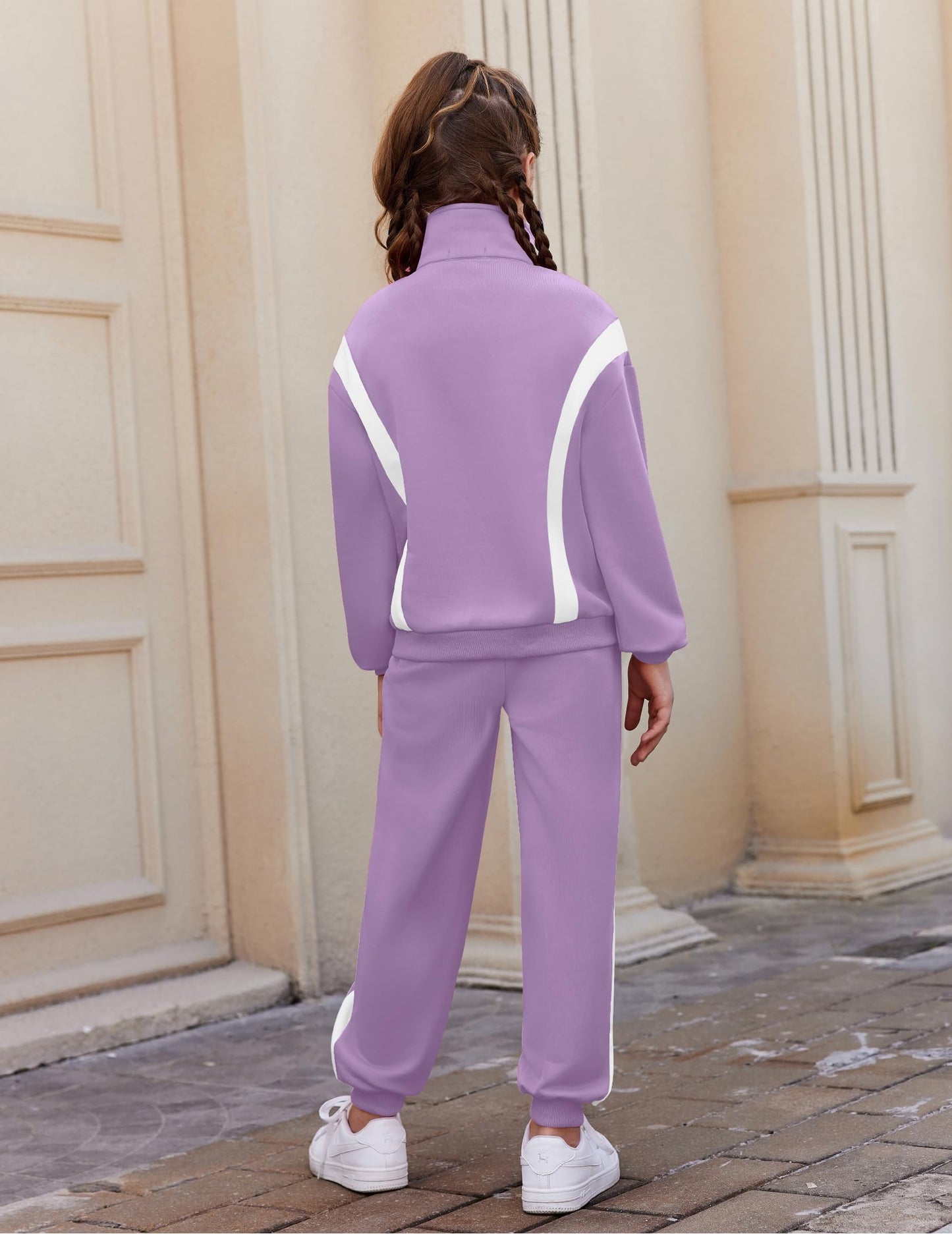 Zaclotre Girl's 2 Piece Outfits Zip Up Sweat Set Contrast Striped Jogging Pants TrackSuit Fall Clothes Purple 8-9 Years