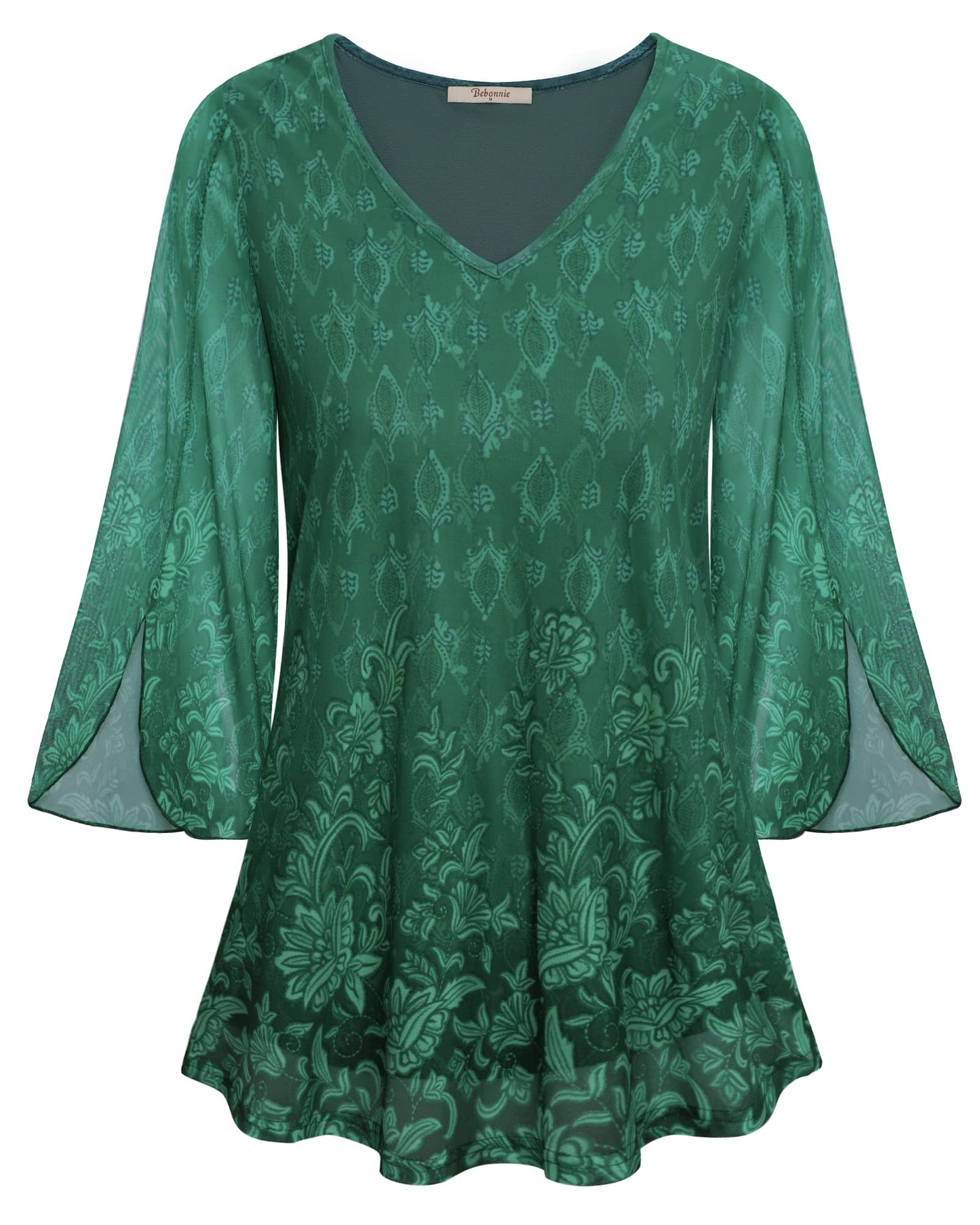 Bebonnie Dressy Tops for Evening Wear & Work - 3/4 Bell Sleeve Business Casual Outfits, Sheer Blouses & Tunic Tops for Leggings - Multi Green L