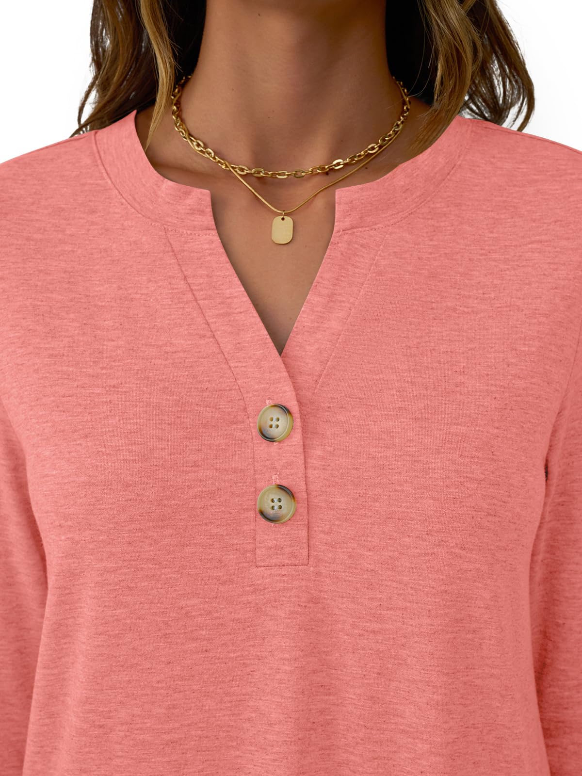 GKBK Womens Long Sleeve Tops Fall Clothing V Neck Casual Shirts Button Dressy Trendy Blouses Loose Fit Tunic Coral