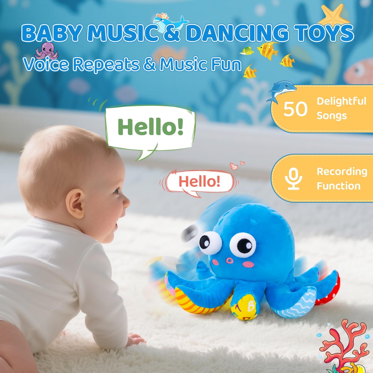 Baby Toys 6-12 Months, Musical Crawling Bouncing Octopus Plush Toys 12-18 Months, 50 Songs & Recording Feature, Interactive Toddler Toys Age 1-2 Tummy Time Toys for 1 Year Old Infant