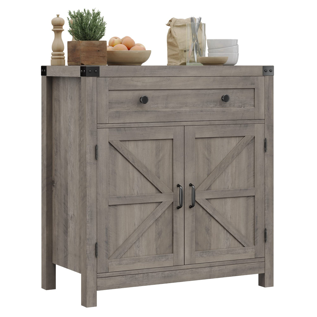 HOSTACK Coffee Bar Cabinet, Modern Farmhouse Buffet Sideboard with Drawer and Adjustable Shelf, Barn Door Storage Cabinet for Kitchen, Dining Room, Bathroom, Entryway, Ash Grey