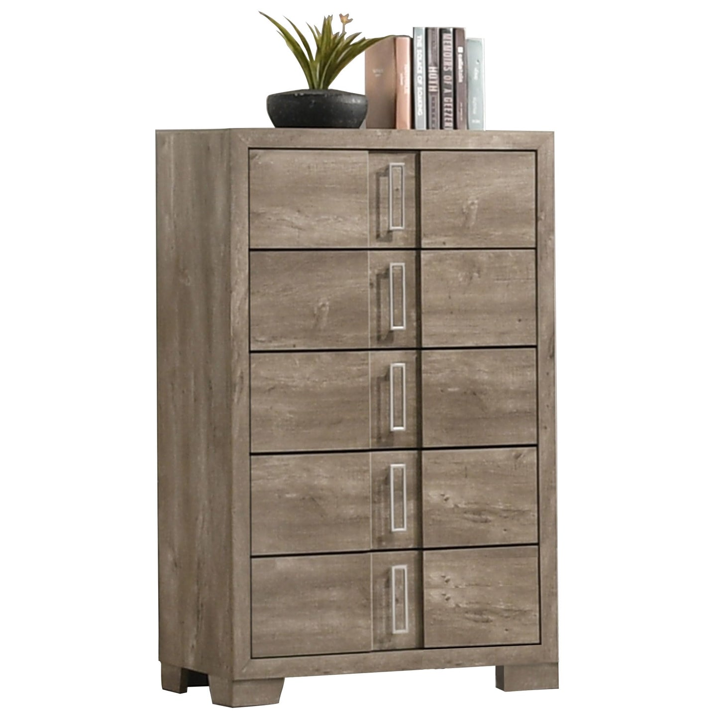 Kings Brand Furniture Dawson Modern 6-Piece King Size Farmhouse Style Bedroom Set in Light Brown Finish - Bed with LED Lights, Dresser, Mirror, Chest & 2 Nightstands
