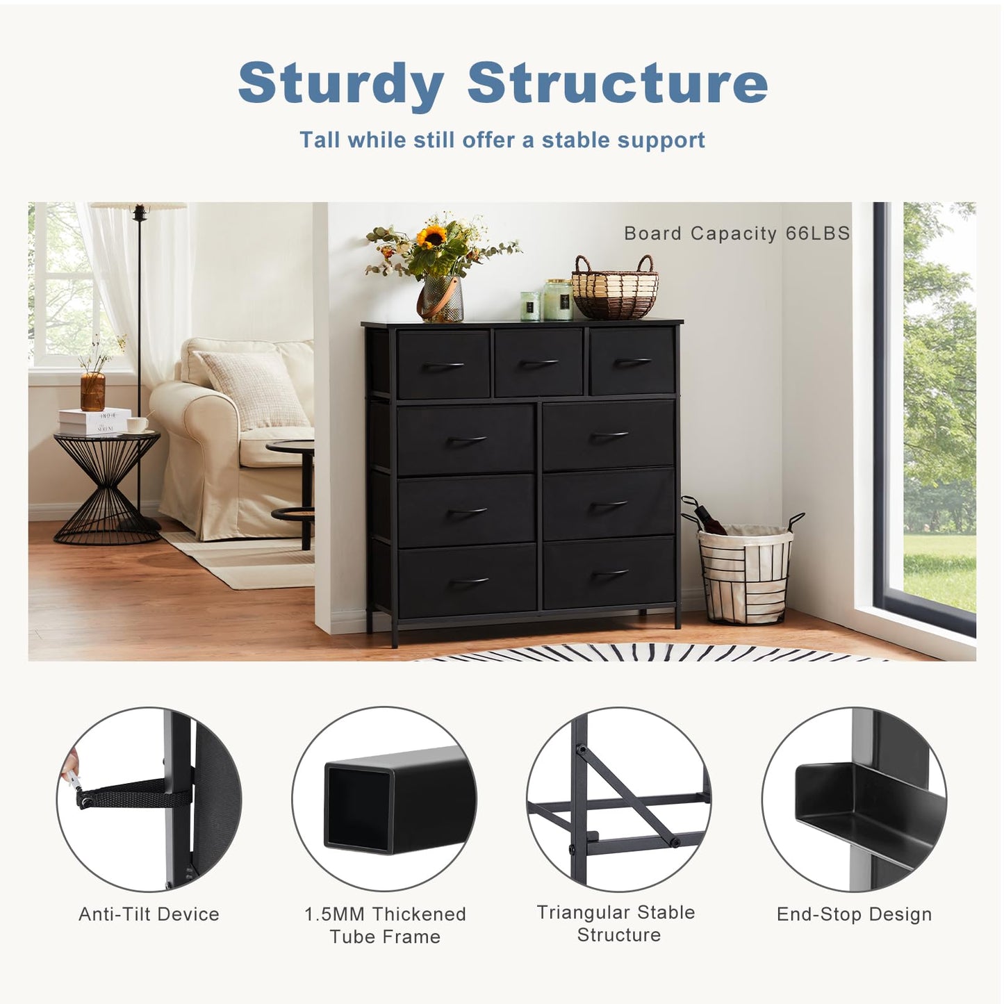DUMOS Dresser for Bedroom, Storage Organizer with 9 Drawers, Chest of Drawers with Fabric Bins, Sturdy Metal Frame, Wood Tabletop for Guest Room, Closet, Entryway, Black