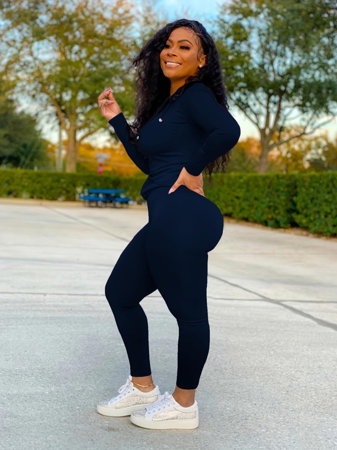 Nimsruc 2 Piece Outfits For Women Sweatsuits Sets Hooded Tracksuit Long Sleeve Pullover Jogger Sweat Pants Set Dark Blue M