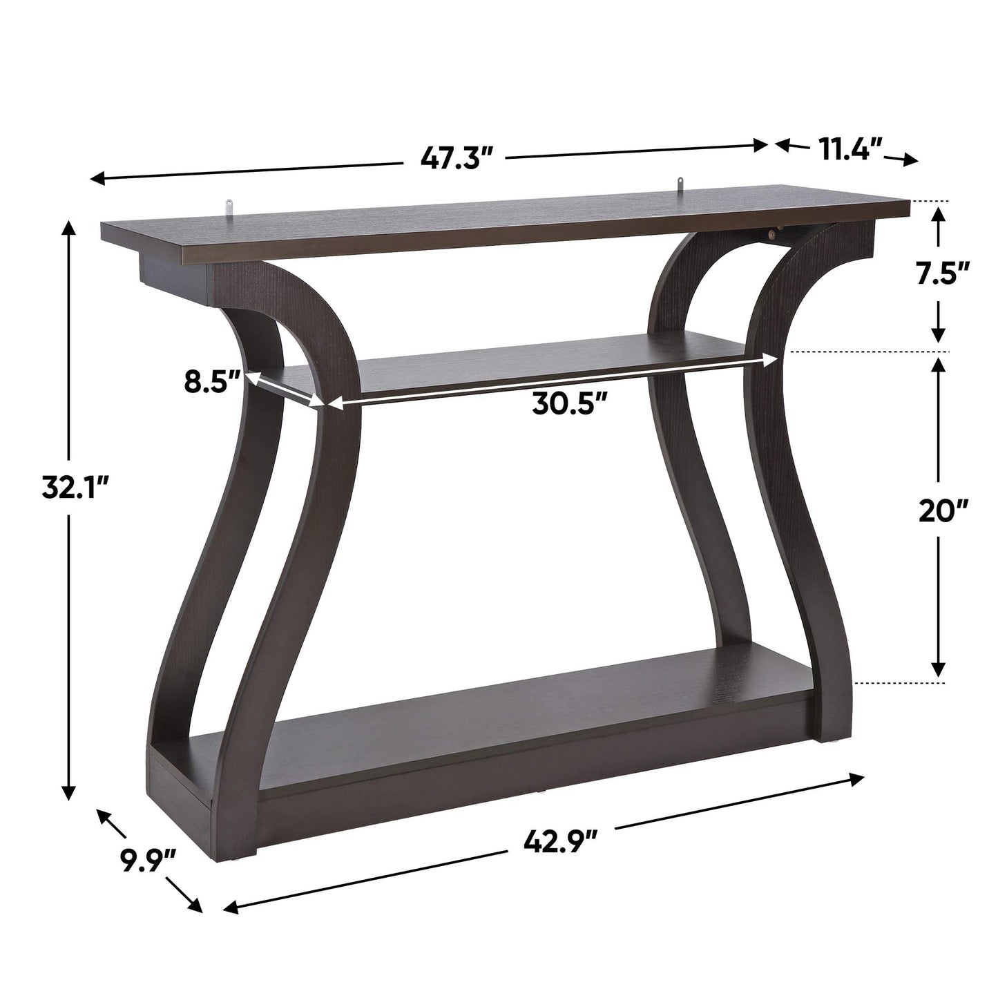 SUPER DEAL 3 Tier Narrow Console Table Accent Sofa Table Wood Entryway Table Decorative Hallway Table with Shelves, Curved Frame for Living Room Front Door Entrance, 47 in Espresso