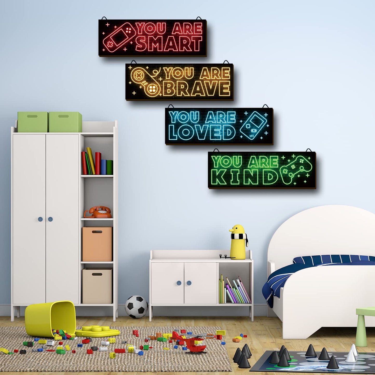 YLOLUL 4 Pieces Neon Gaming Decor for Boys Room Wooden Video Game Wall Art Print 12 X 4 Inch Motivational Quote Gamer Hanging Plaques Wall Decor for Boys Kids Room Bedroom Playroom Decorations