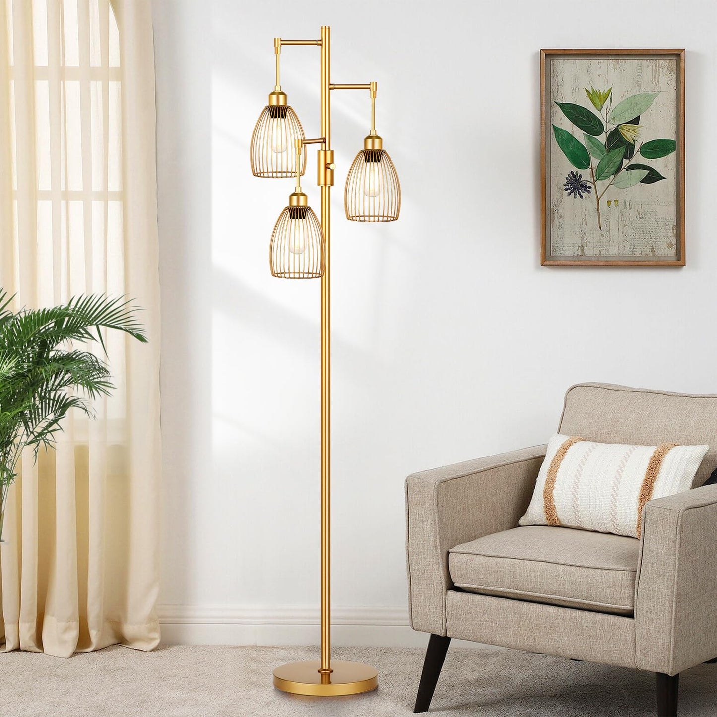 Dimmable Industrial Floor Lamps for Living Room, Gold Tree Standing Tall Lamps with 3 Elegant Teardrop Cage Head & 800 Lumens LED Bulbs for Bedroom Office