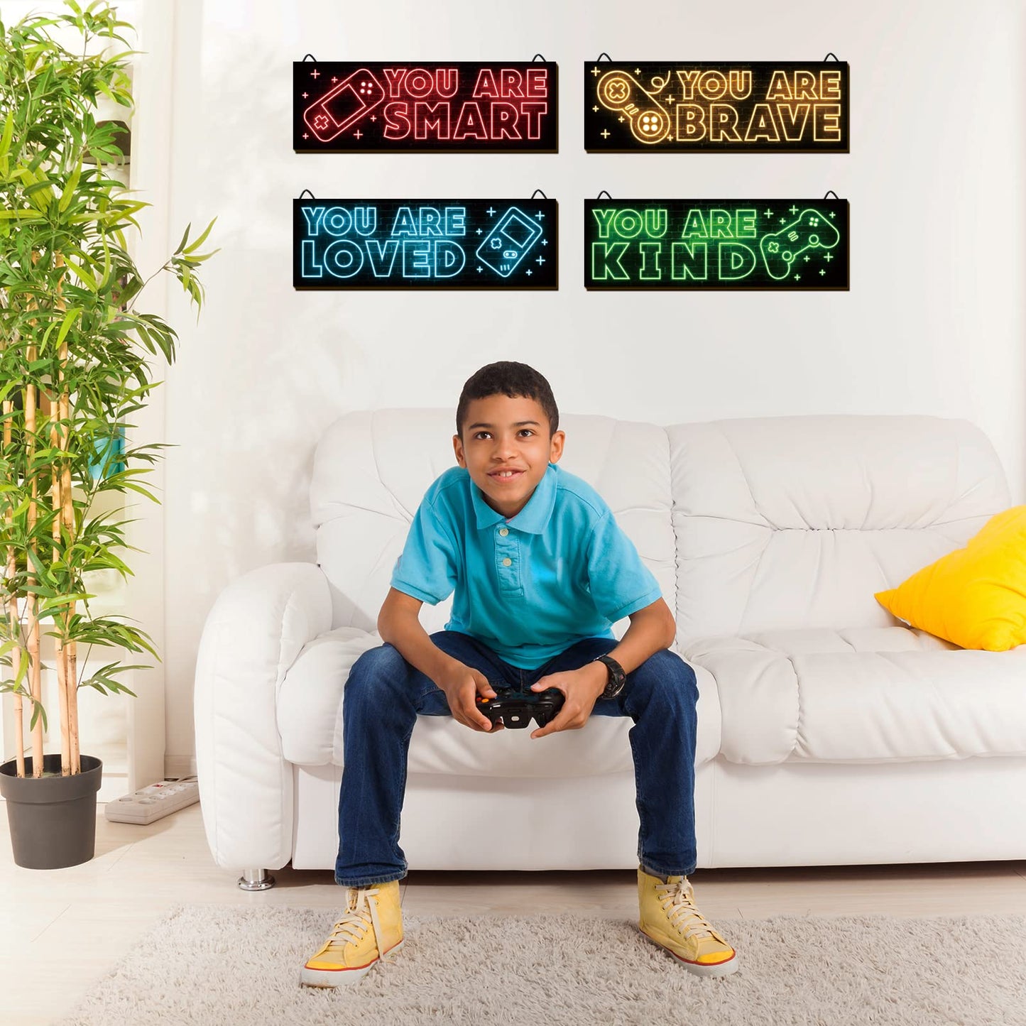 YLOLUL 4 Pieces Neon Gaming Decor for Boys Room Wooden Video Game Wall Art Print 12 X 4 Inch Motivational Quote Gamer Hanging Plaques Wall Decor for Boys Kids Room Bedroom Playroom Decorations