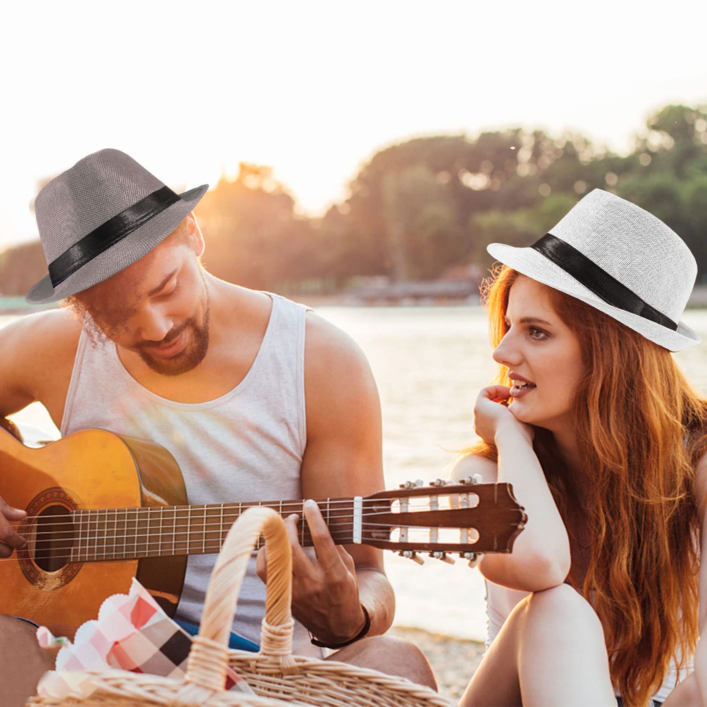 Ultrafun 5 Pack Short Brim Fedora Classic Summer Beach Sun Hat Panama Straw Cap for Men Women (Medium, 5Pack-Black+White+Khaki+Blue+Wine Red)