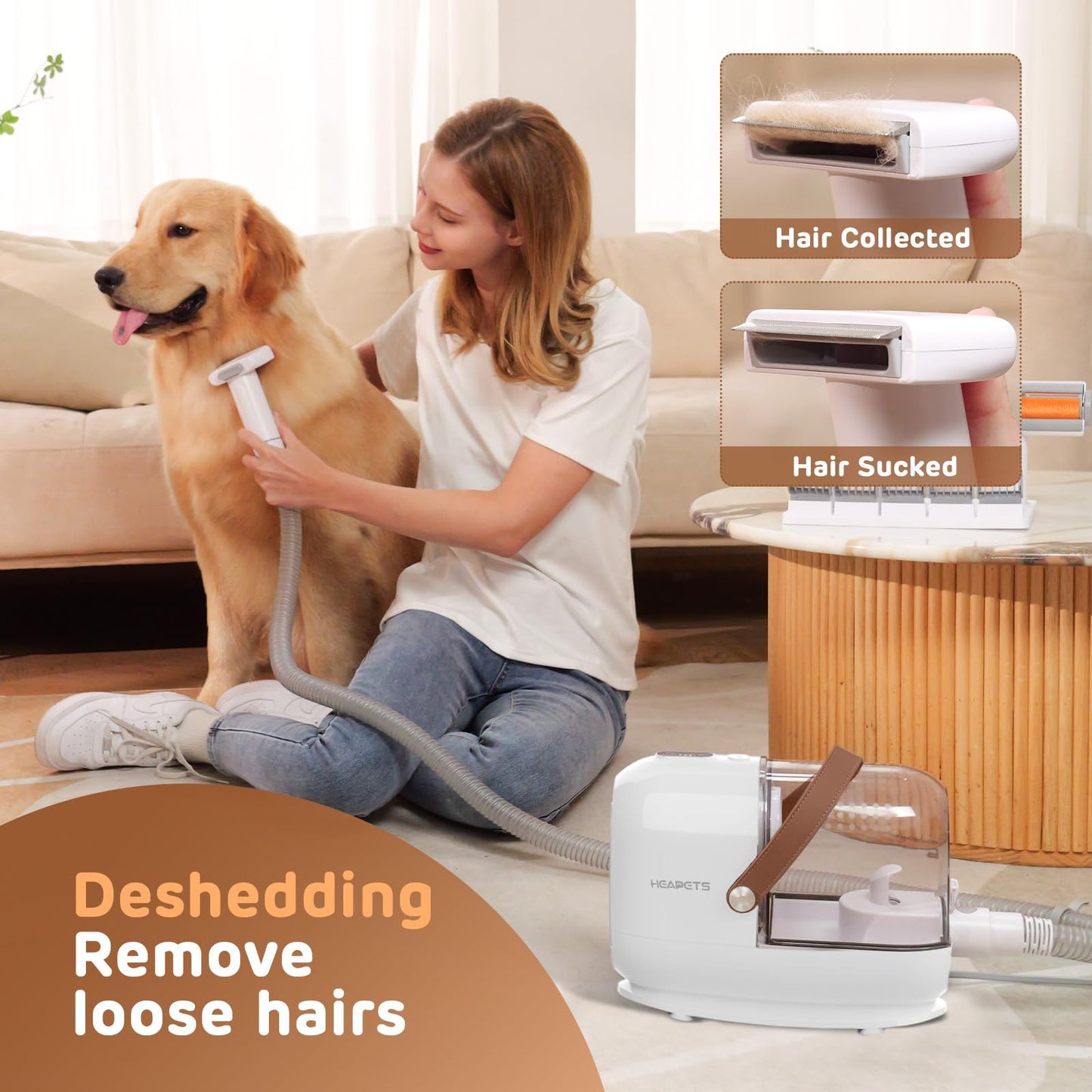 HEAPETS Dog Grooming Vacuum Kit, 3L Pet Grooming Vacuum with 7 Pet Grooming Tools, Dog Vacuum for Shedding Grooming at Home with Low Noise Electric Clipper and Brush, White