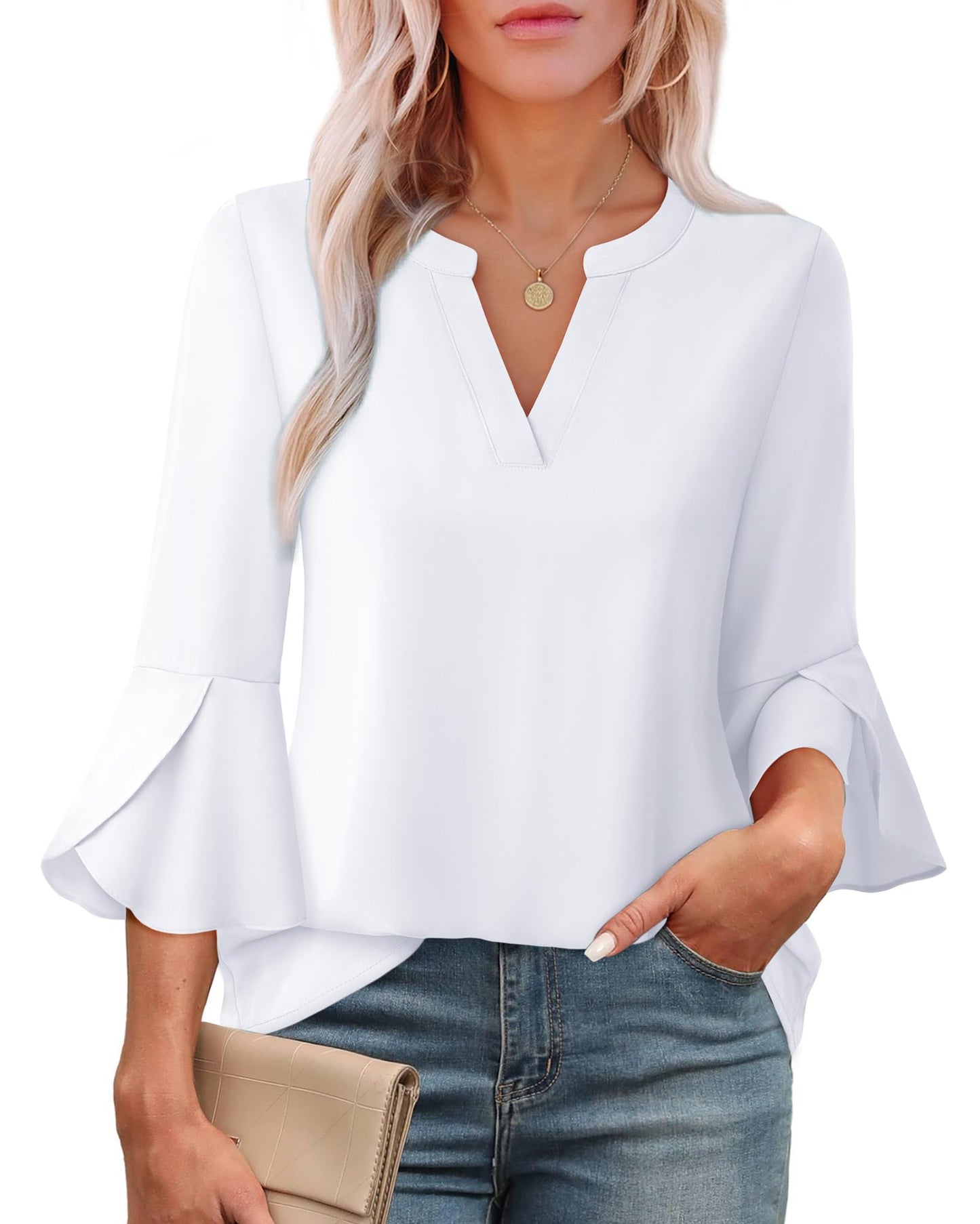 Gaharu Womens Business Tops: 3/4 Length Sleeve Lightweight Blouse for Work Office - Fashion Summer Professional Chiffon Shirts Solid White XXL