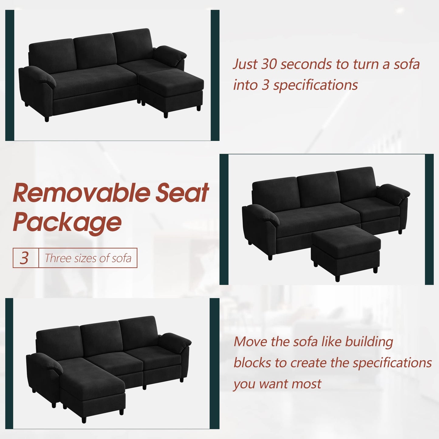Vongrasig 79" Convertible Sectional Sofa Couch, 3 Seat L Shaped Sofa with Removable Pillows Linen Fabric Small Couch Mid Century for Living Room, Apartment and Office (Black)