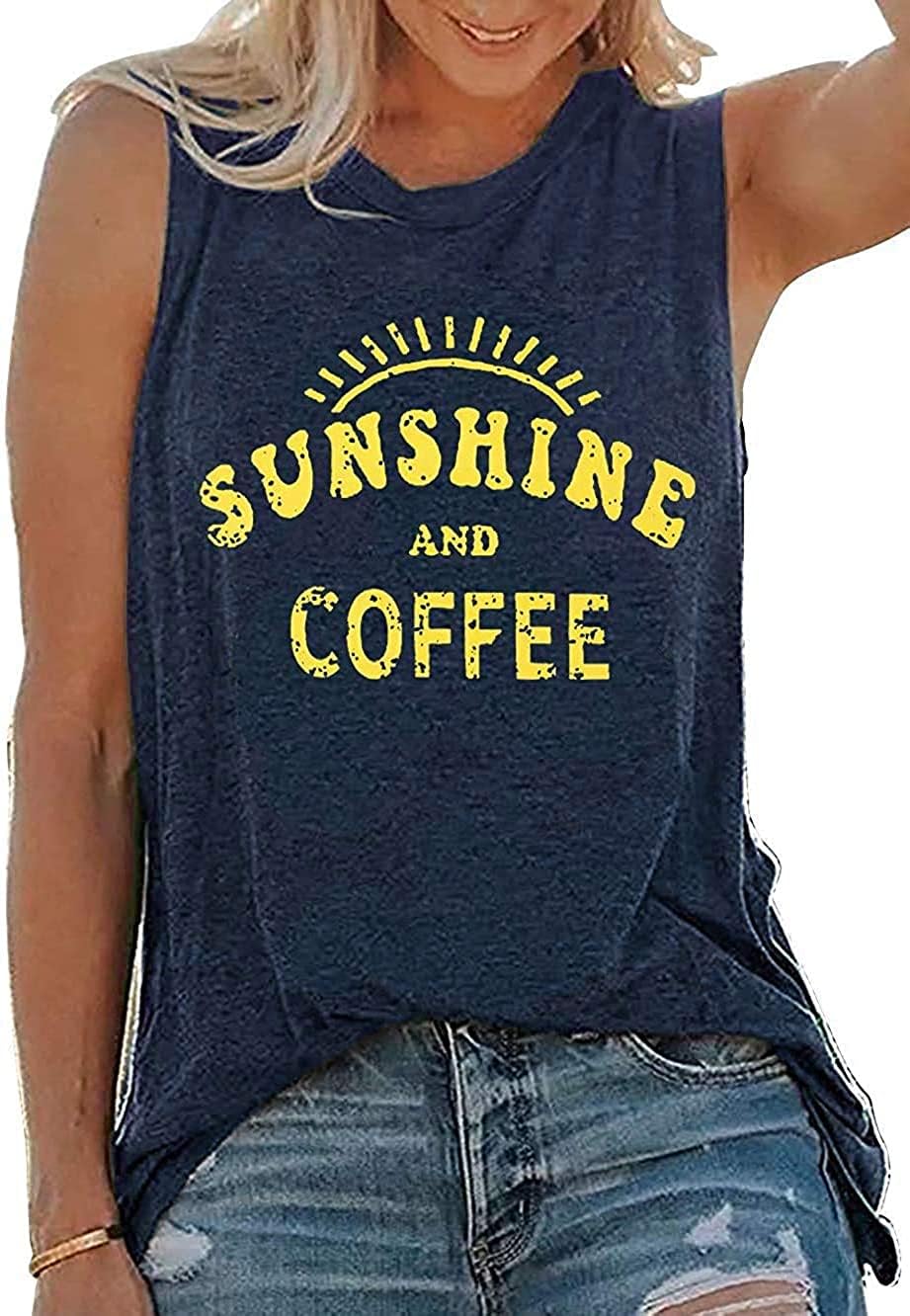 rosemia Tank Tops for Women Summer Sunshine and Coffee Graphic T-Shirts Sleeveless Casual Ladies Loose Tunic Blouse(Sunshine Deep Blue, L)
