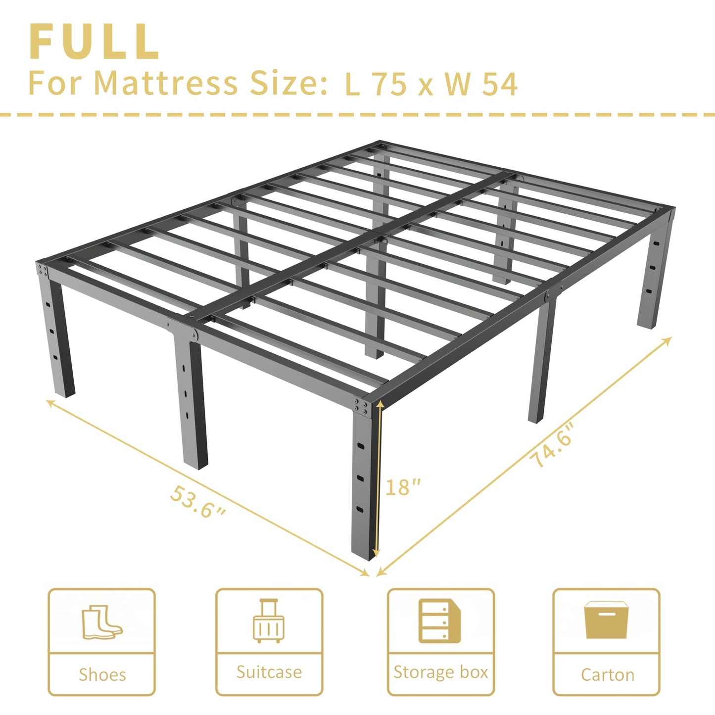 ALDRICH 18 Inch Metal Full Size Bed Frame - Black Basic Steel Slats Platform, Easy Assembly Heavy Duty Noise Free Bedframes, No Box Spring Needed