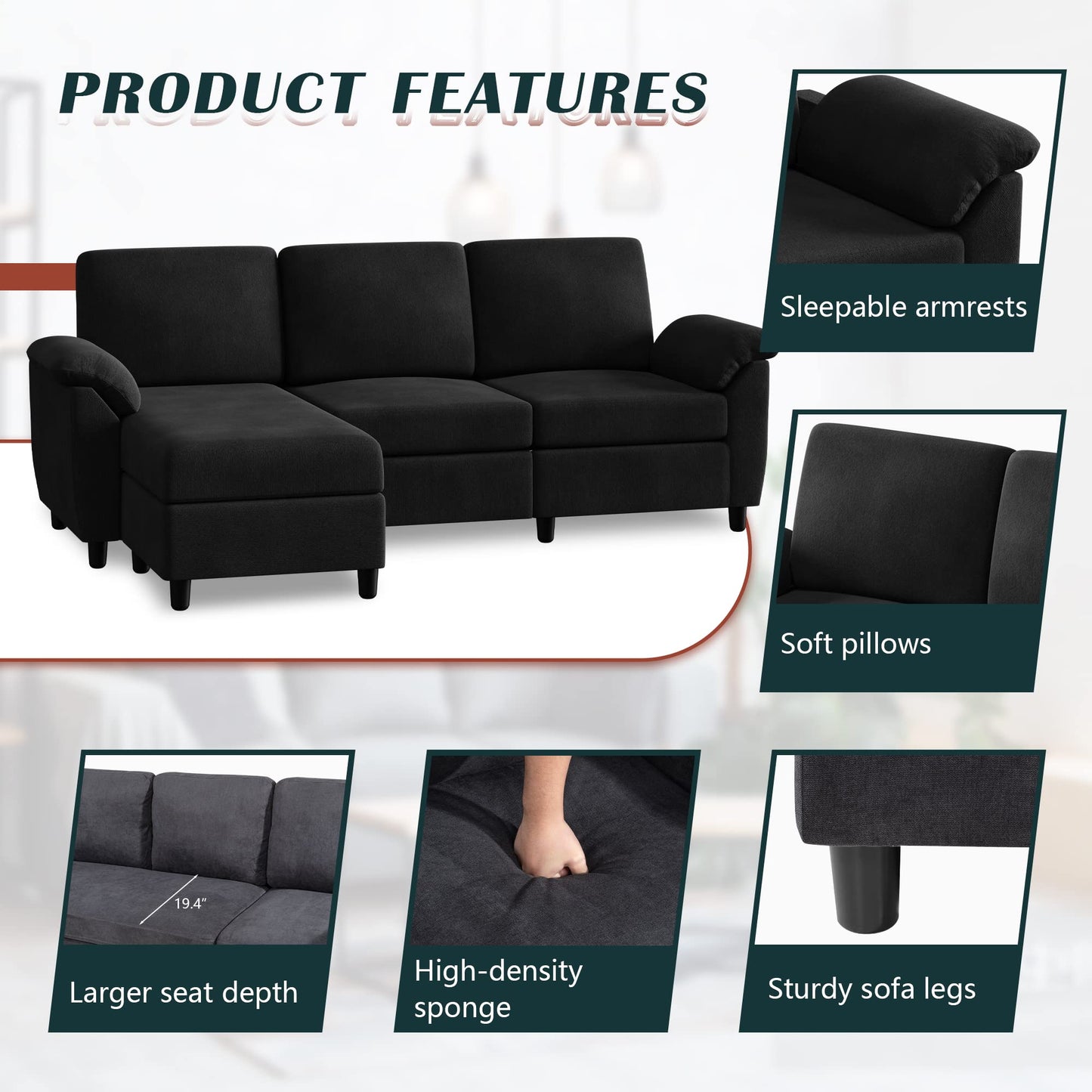 Vongrasig 79" Convertible Sectional Sofa Couch, 3 Seat L Shaped Sofa with Removable Pillows Linen Fabric Small Couch Mid Century for Living Room, Apartment and Office (Black)