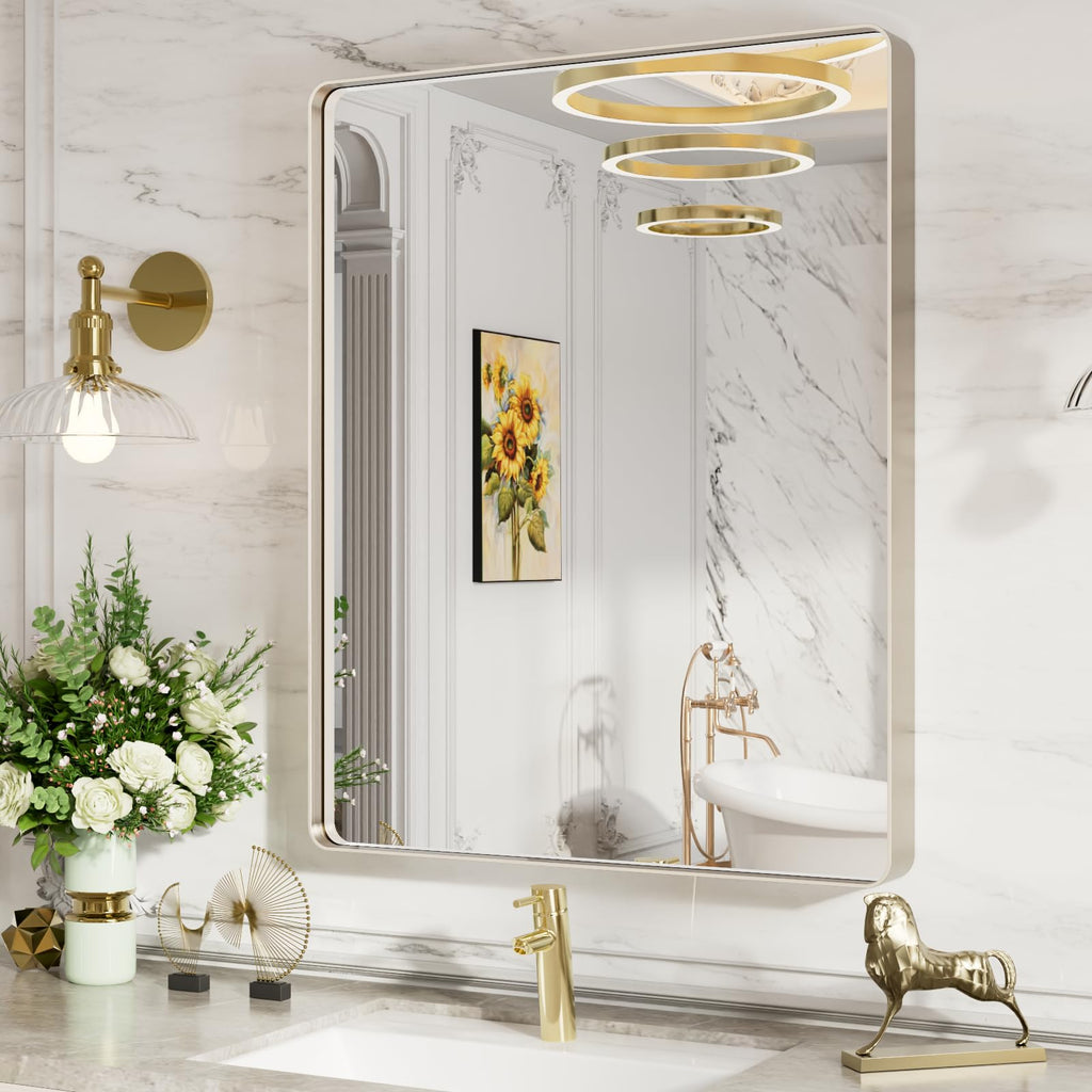 LOAAO 22X30 Inch Brushed Nickel Bathroom Mirror, Rounded Rectangle Silver Metal Frame Mirror, Brushed Nickel, Anti-Rust, Hangs Horizontally or Vertically