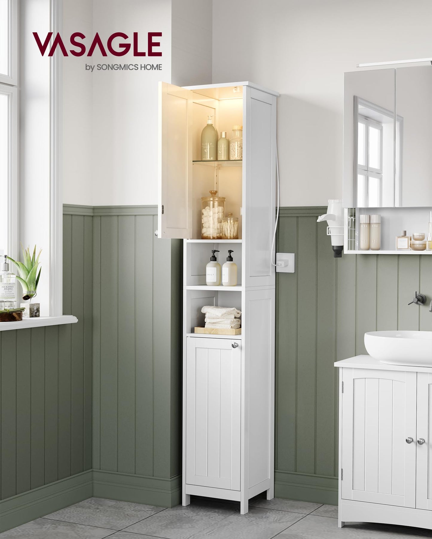 VASAGLE Tall Bathroom Cabinet with Lights, Slim Bathroom Storage Cabinet, Freestanding Narrow Cabinet with Adjustable Shelves, Open compartments, for Small Spaces, Modern, Cloud White UBBC566W02