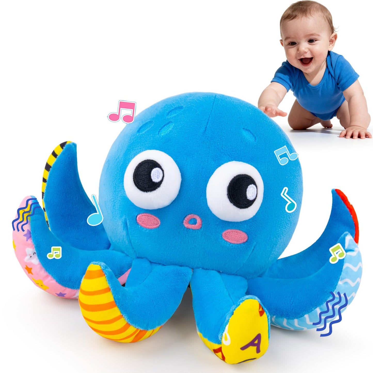Baby Toys 6-12 Months, Musical Crawling Bouncing Octopus Plush Toys 12-18 Months, 50 Songs & Recording Feature, Interactive Toddler Toys Age 1-2 Tummy Time Toys for 1 Year Old Infant