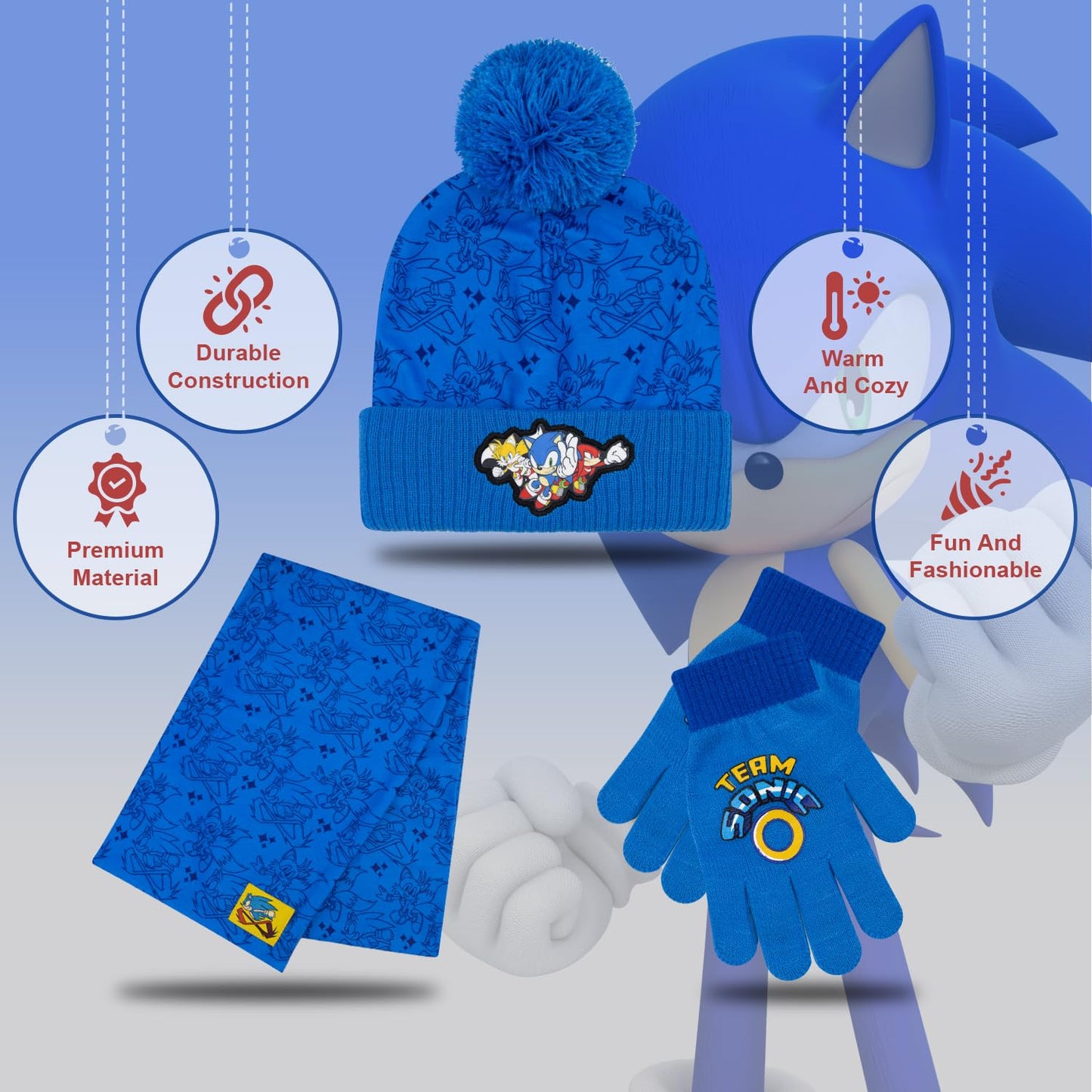 Accessory Supply Blue Sonic Winter Hat and Gloves Set for Boys Ages 5-13