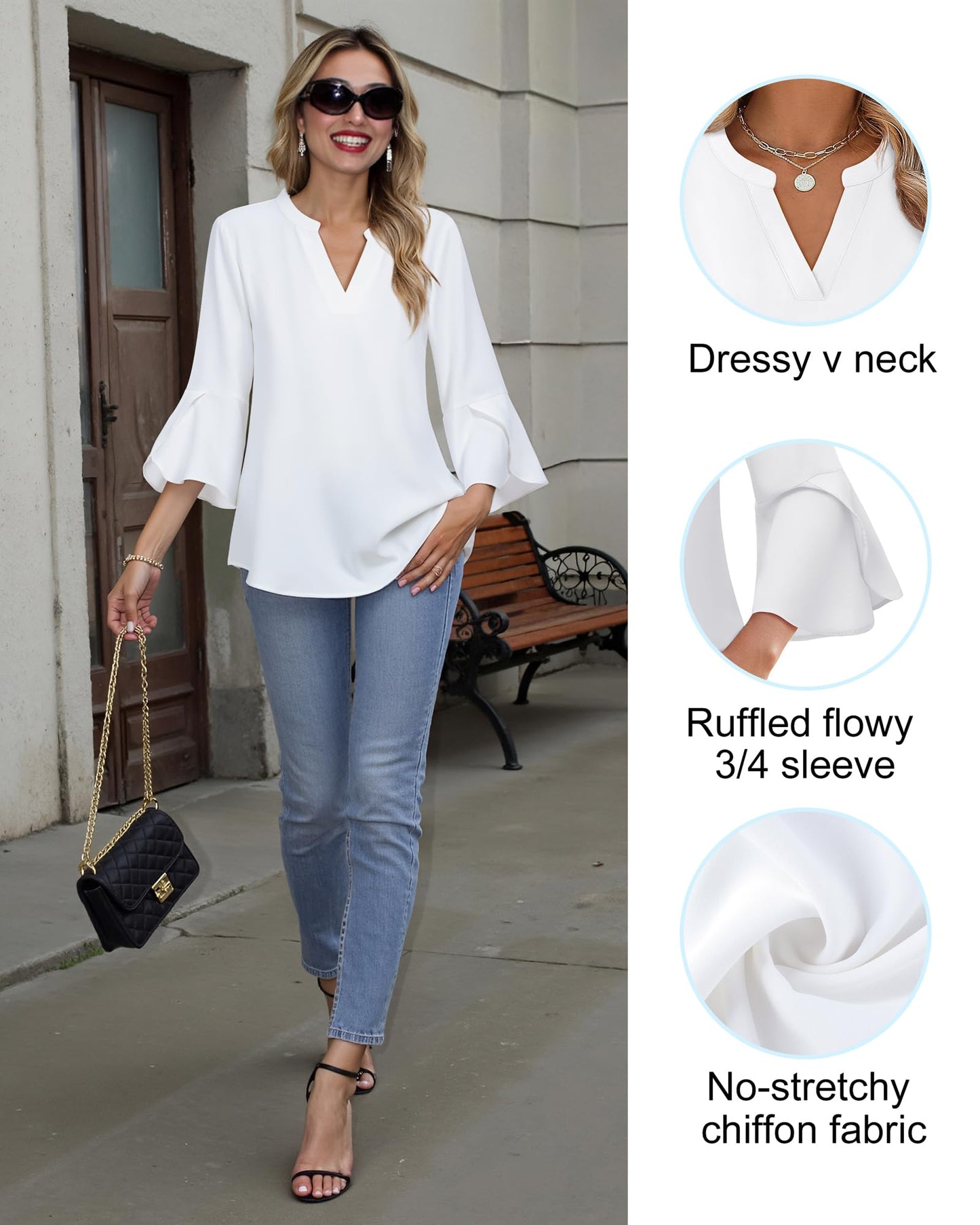 Gaharu Womens Business Tops: 3/4 Length Sleeve Lightweight Blouse for Work Office - Fashion Summer Professional Chiffon Shirts Solid White XXL