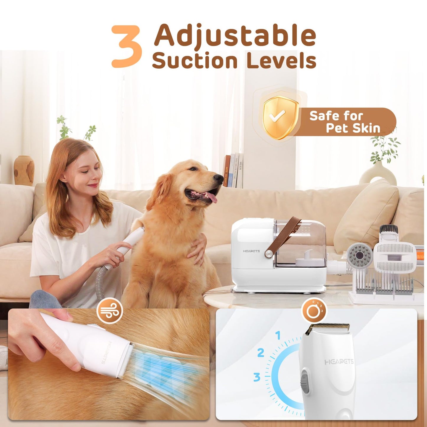 HEAPETS Dog Grooming Vacuum Kit, 3L Pet Grooming Vacuum with 7 Pet Grooming Tools, Dog Vacuum for Shedding Grooming at Home with Low Noise Electric Clipper and Brush, White