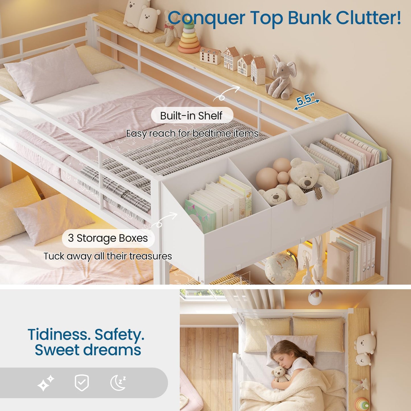 Twin Over Twin Bunk Bed with 6 Storage Drawers & 3 Boxes, Dual Side Shelves, Twin Bunk Beds for Kids with LED Lights and Charging Station, Heavy Duty Metal Bunk Bed with Safety Guardrail and Ladder