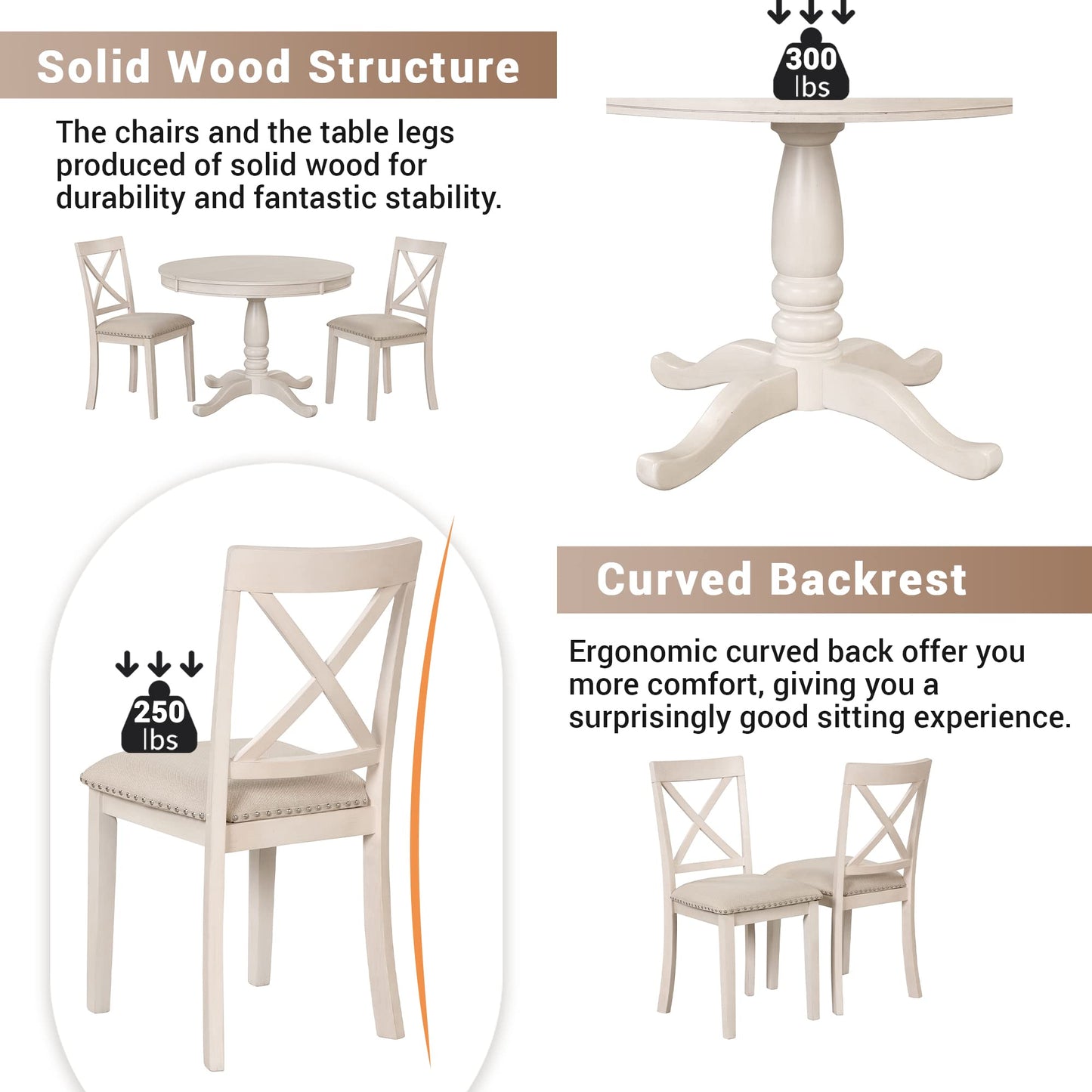 Voohek 5-Piece Kitchen Dining Set for 4, with Extendable Round Wood Table and Chair, Classic Family Furniture for Dinette, Compact Space, Antique White