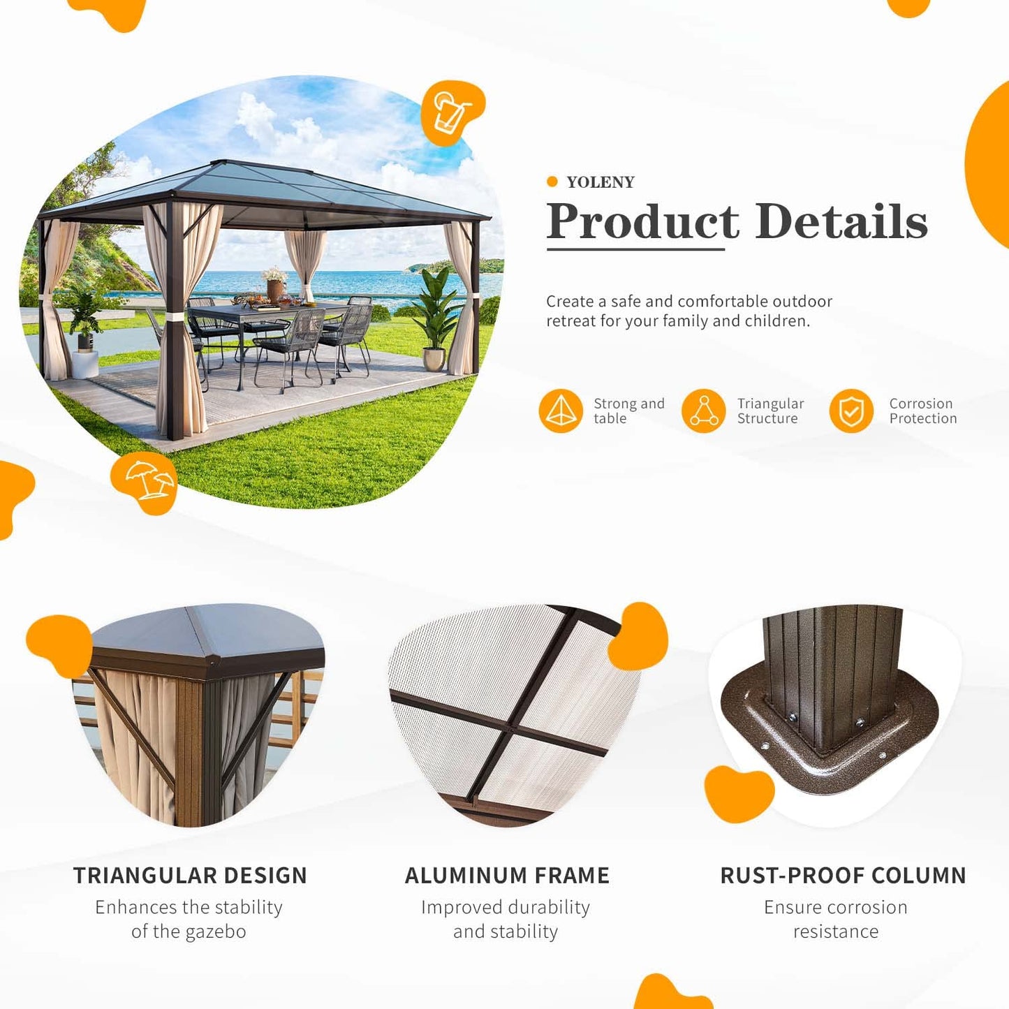 YOLENY 10'x12' Hardtop Gazebo, Outdoor Polycarbonate Roof Canopy, Aluminum Frame Permanent Pavilion with Curtains and Netting, Sunshade for Garden, Patio, Lawns