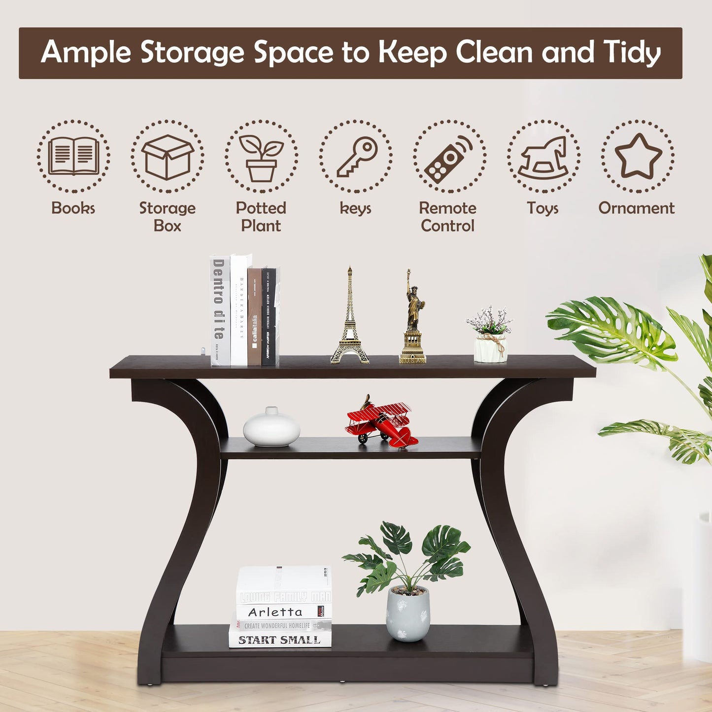 SUPER DEAL 3 Tier Narrow Console Table Accent Sofa Table Wood Entryway Table Decorative Hallway Table with Shelves, Curved Frame for Living Room Front Door Entrance, 47 in Espresso