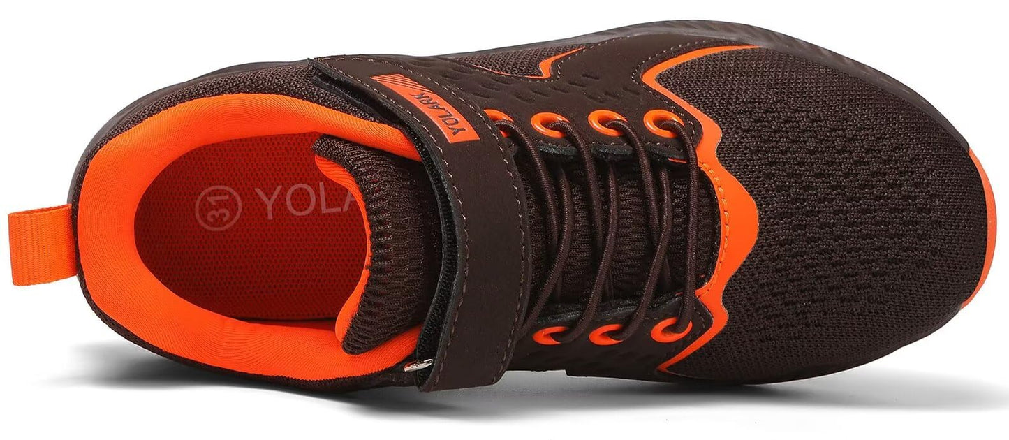 YOLARK Kids Sneakers for Boys Girls Running Tennis Shoes Non-Slip Hiking Walking Shoes Lightweight Breathable Sport Athletic（Brown Big 4.5）