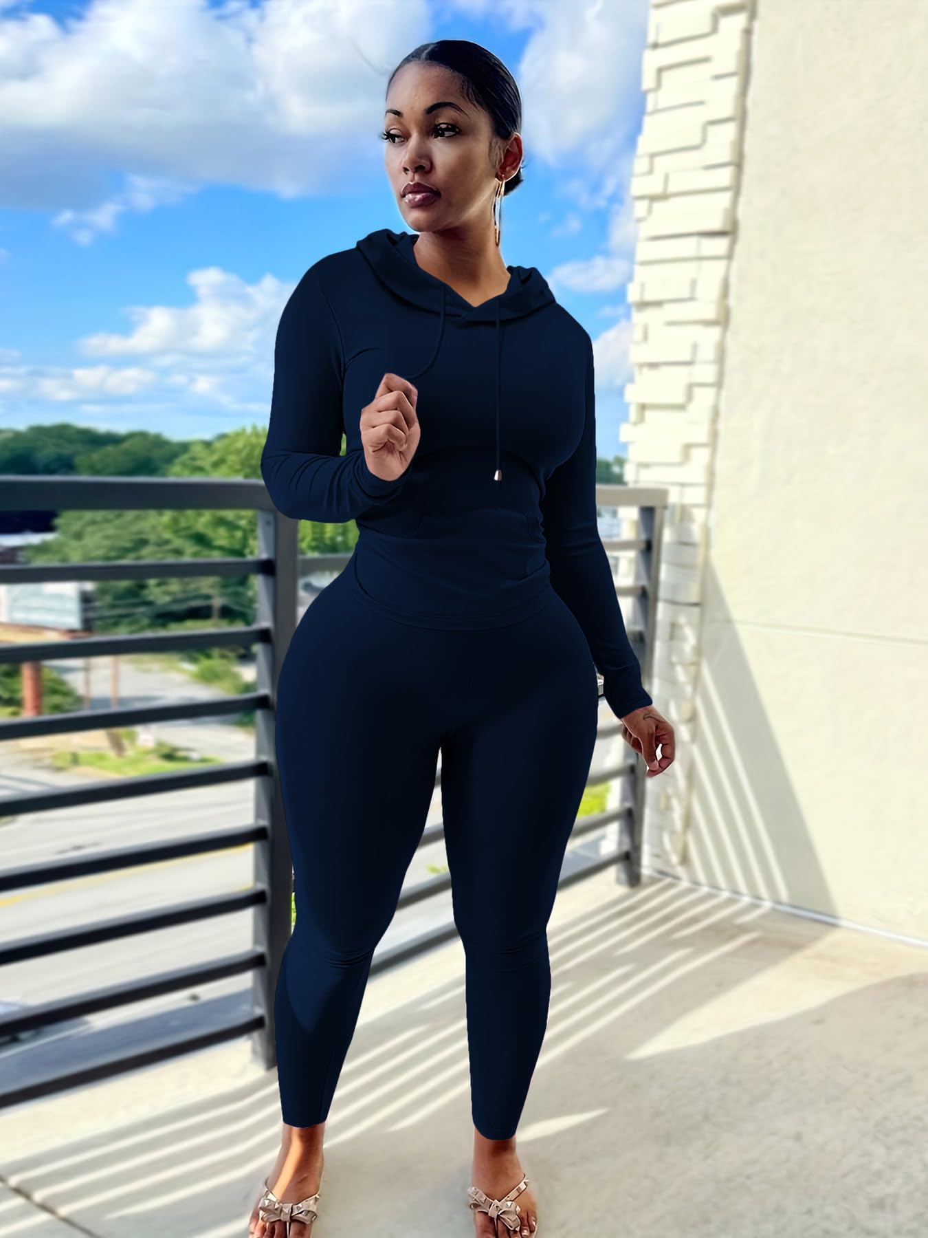 Nimsruc 2 Piece Outfits For Women Sweatsuits Sets Hooded Tracksuit Long Sleeve Pullover Jogger Sweat Pants Set Dark Blue M
