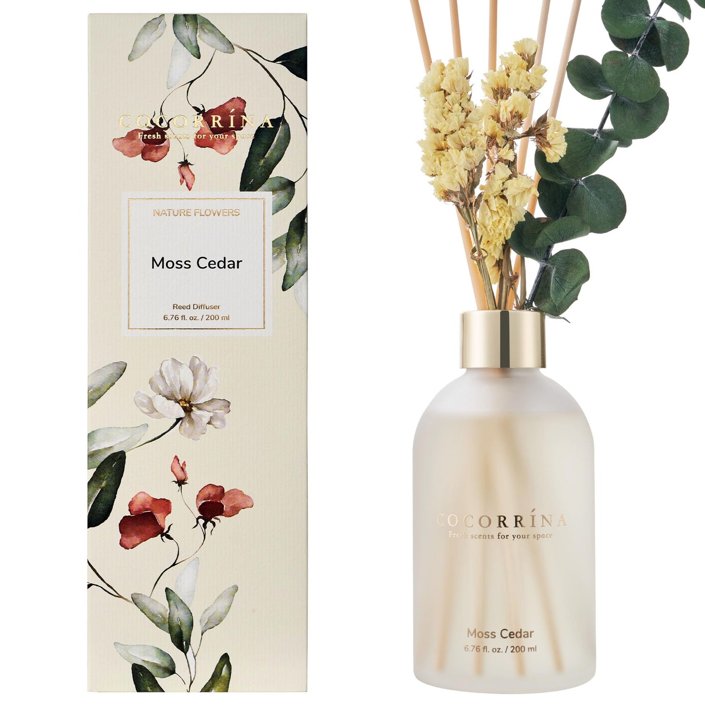 COCORRÍNA Reed Diffuser -Moss Cedar 6.76 oz Flower Reed Diffuser Set with 8 Sticks - Home Fragrance Office Bedroom Bathroom Shelf Decor