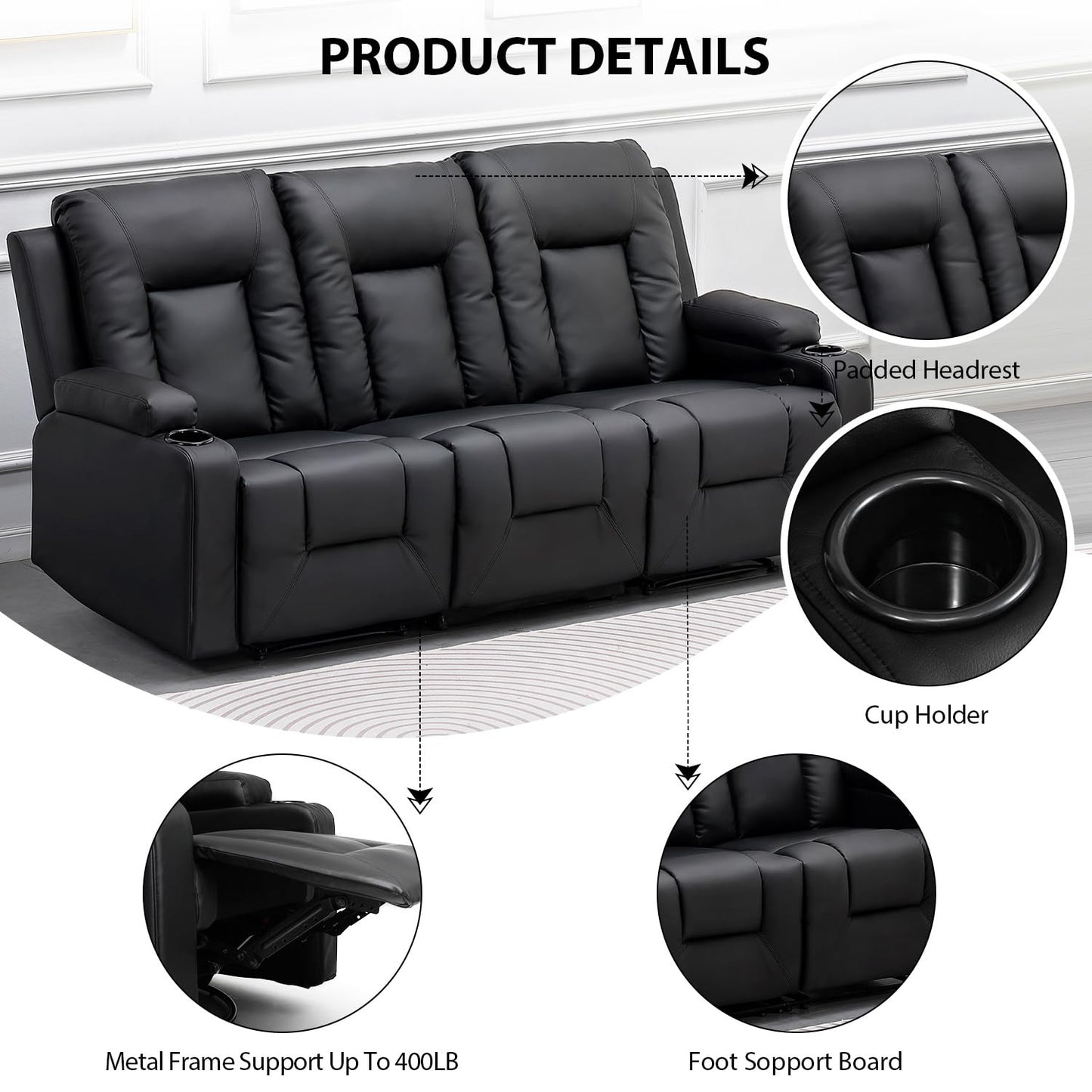 COMHOMA Recline Chair Set，Furniture 3PC Bonded Leather Recliner Set Living Room Set, Sofa, Recline Chair with massger(Black,Living Room Set 3)