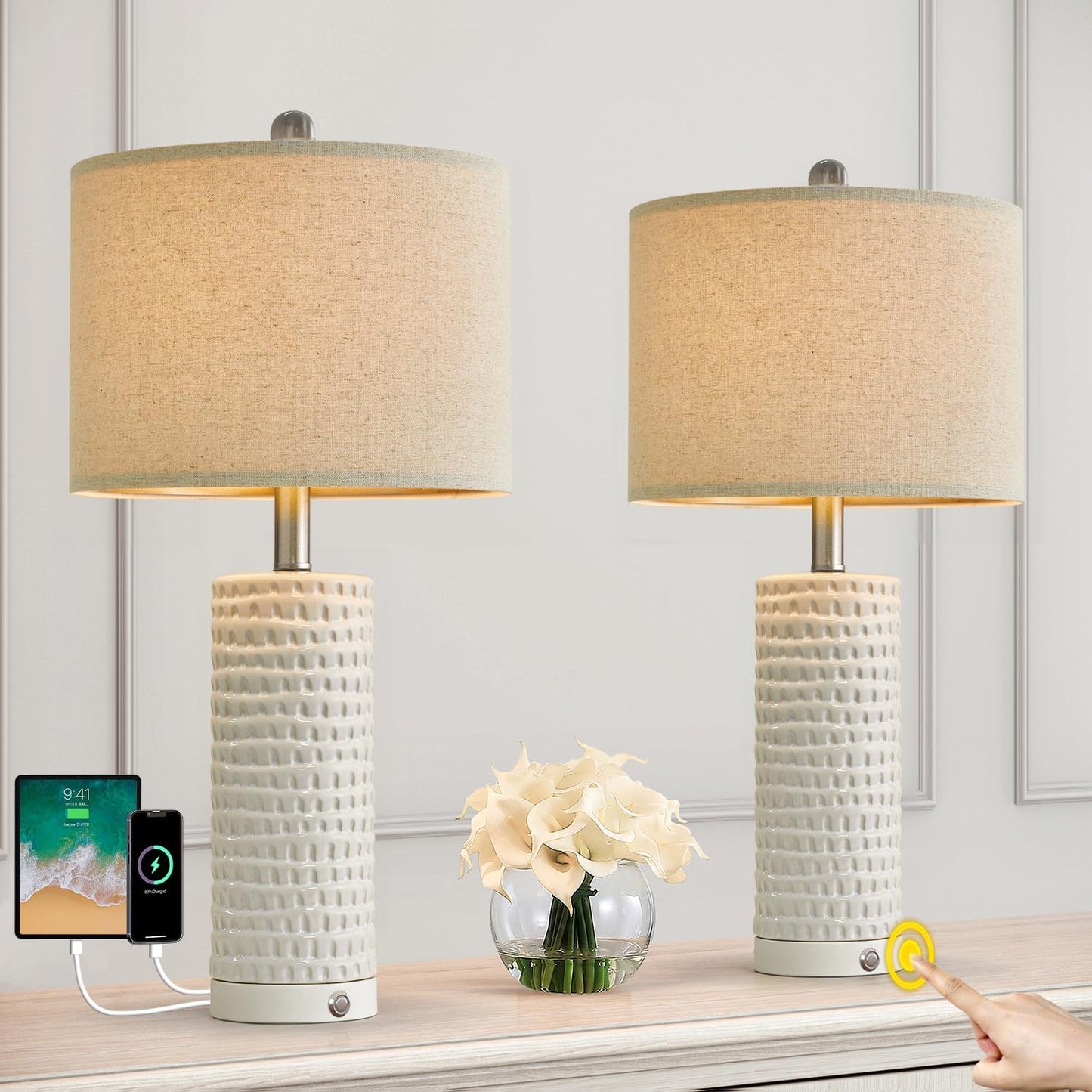 PORTRES 24" Farmhouse 3-Way Dimmable Touch Ceramic Table Lamp Set of 2 for Bedroom White Bedside Lamps with USB A+C Charging Ports for Living Room Nightstand Lamp End Table Lamps(2 Bulbs Included)