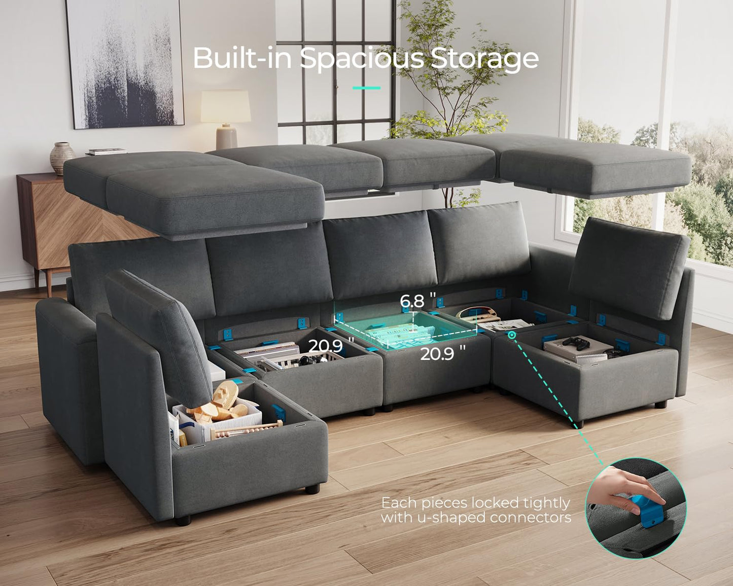 LINSY HOME Modular Sofa, Sectional Couch U Shaped Sofa with Storage, Memory Foam, 6 Seat Sectionals Chaise for Living Room, Dark Grey