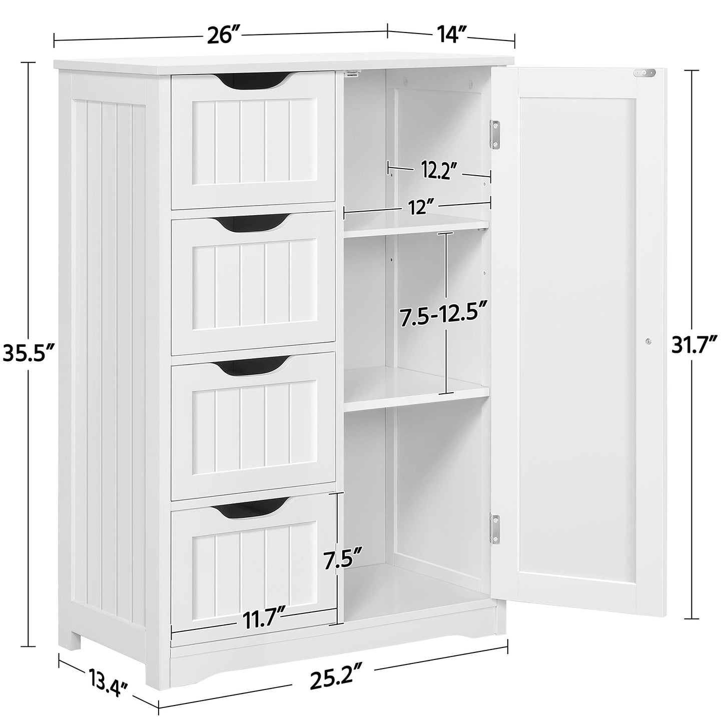 Yaheetech Large Bathroom Floor Cabinet with 4 Dawers and Single Door Cabinet, Freestanding Storage Cabinet for Living Room Kitchen Hallway, White