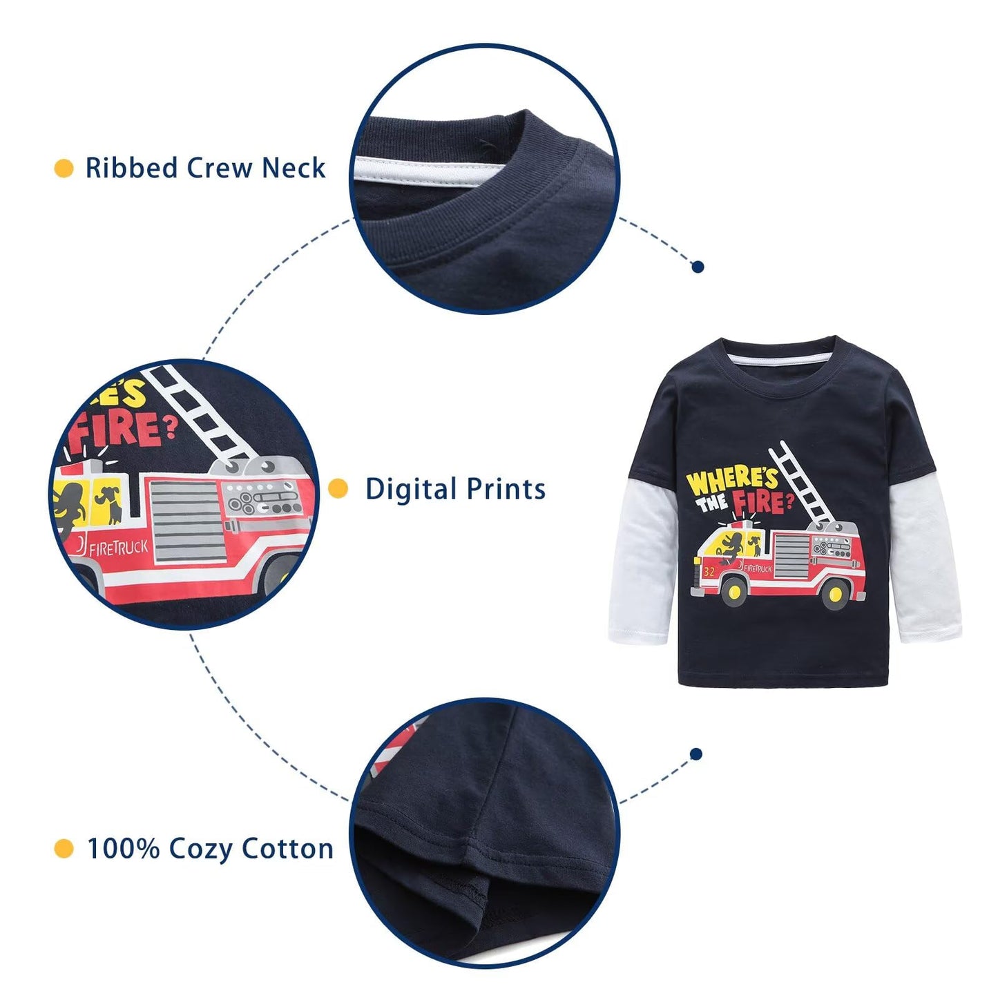 Lollisy Boys Long Sleeve Tshirts Casual Cotton Shirts Graphic Crewneck Tops Tee Shirts for Boys 3 Pack Dinos Car Size 6/6T